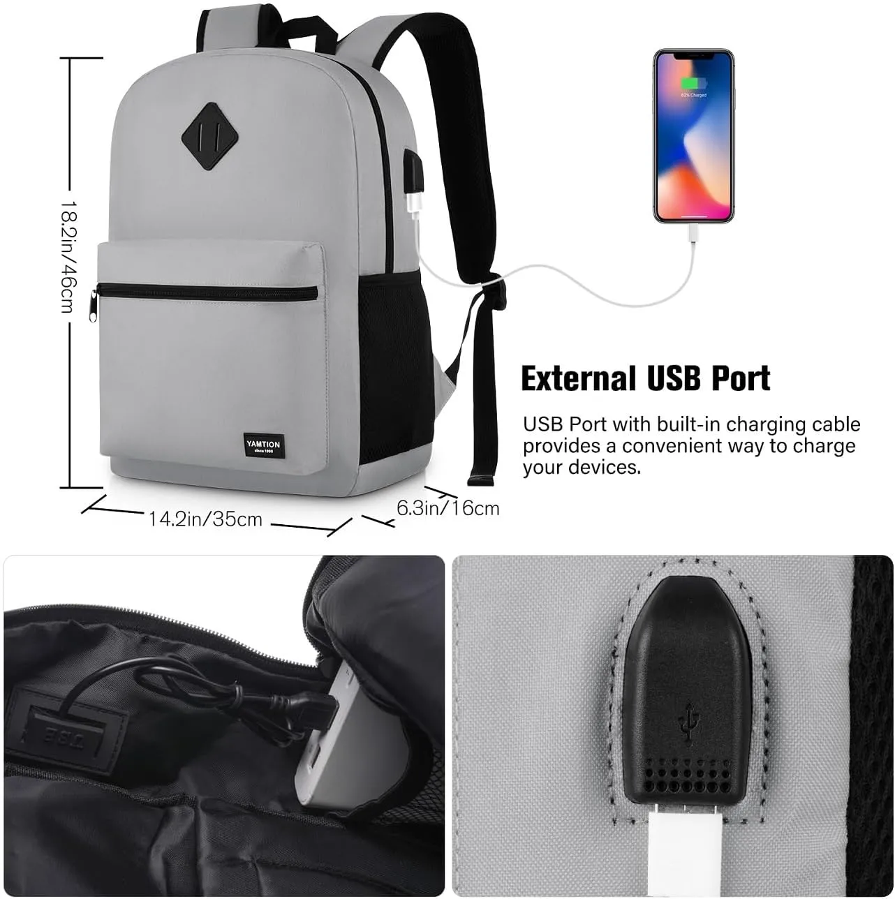 17 Inch Unisex School Backpack,Classic Bookbag Adults and Teens Schoolbag with USB Port for High School College Office Work Travel