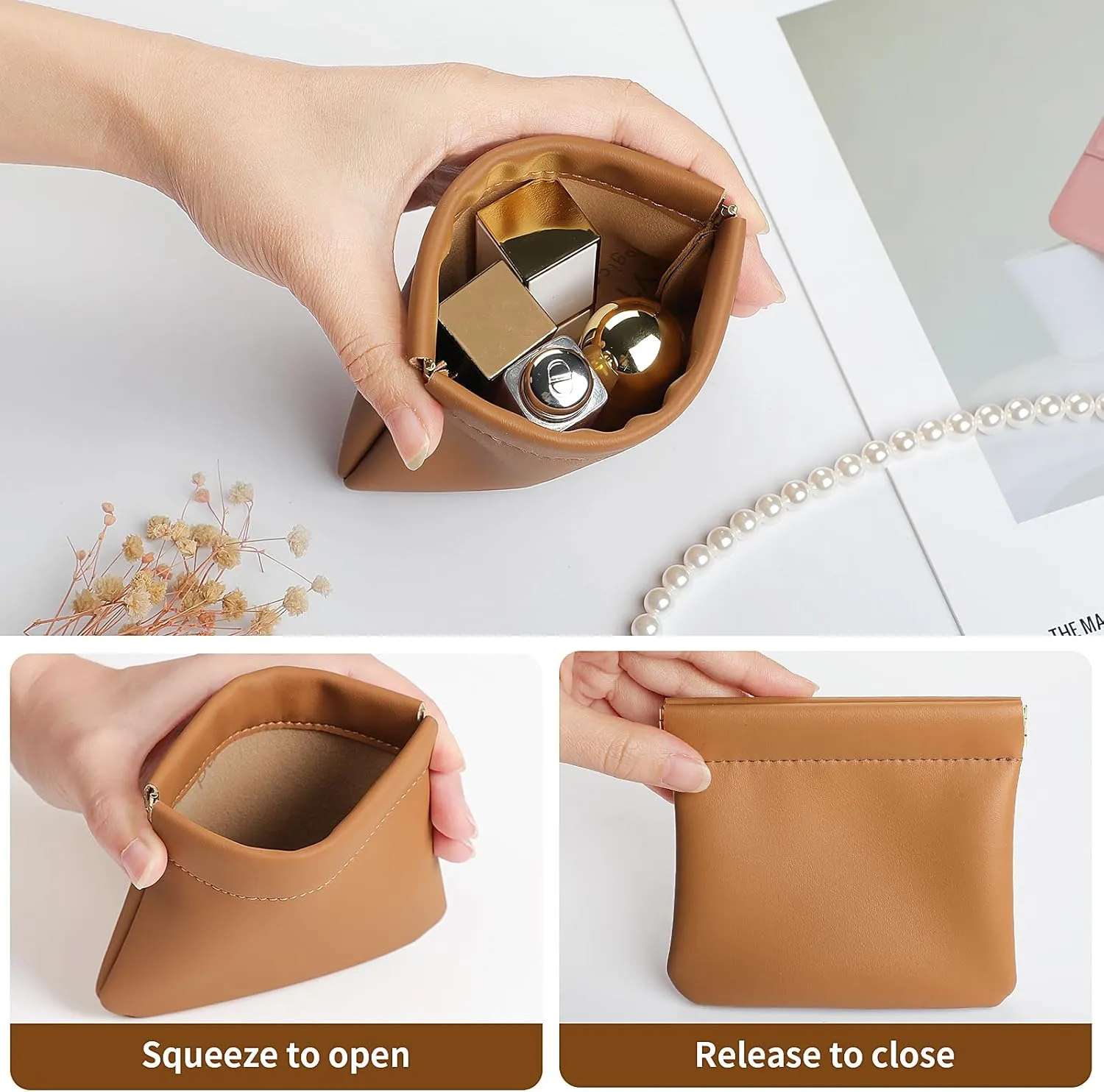 2 Pcs Small Makeup Bag for Purse, Upgrade Organosilicone Mini Makeup Pouch for Women with Snap Closure Clamp, Portable Small Cosmetic Bag Travel Storage Pouch for Coin Lipstick (Black   Brown)