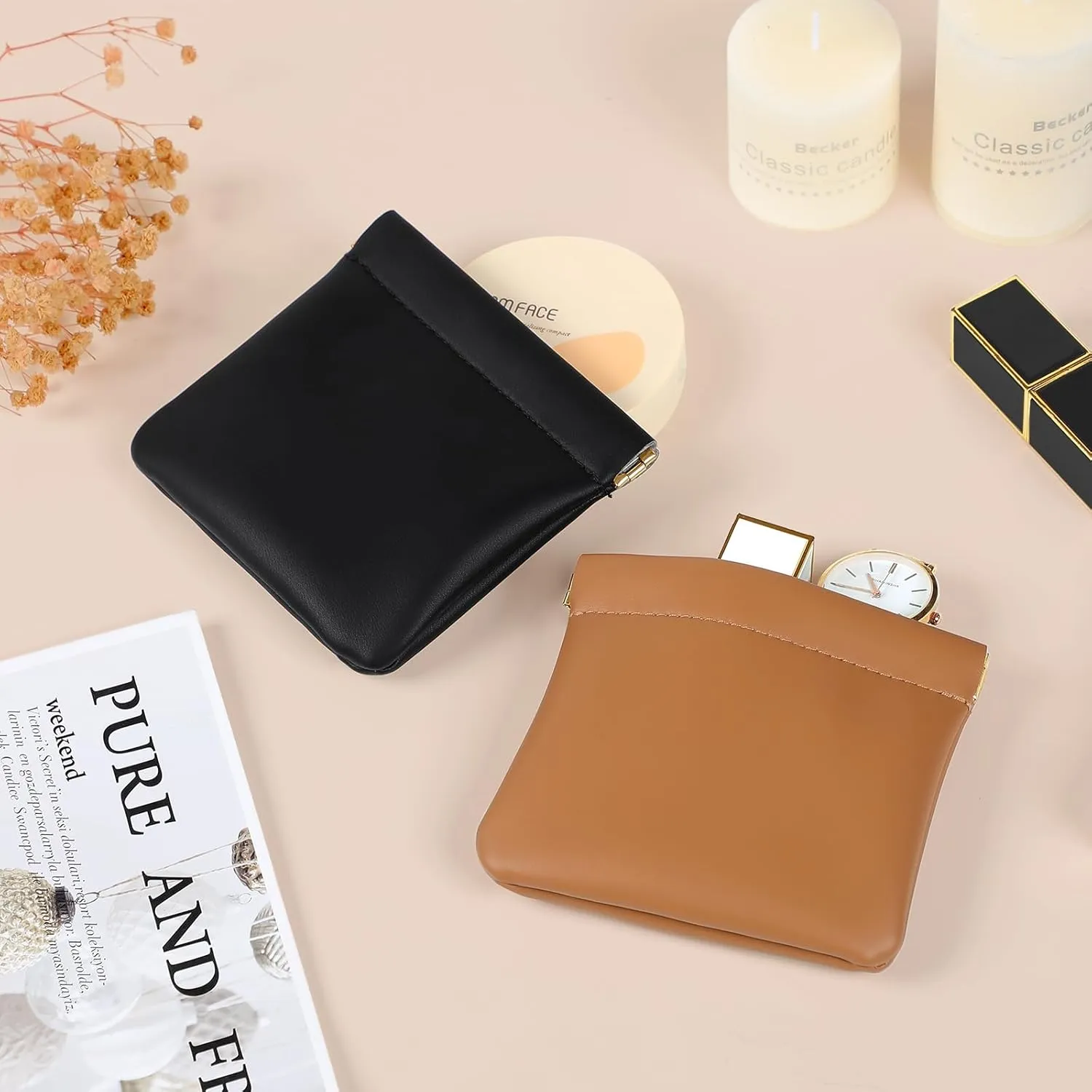 2 Pcs Small Makeup Bag for Purse, Upgrade Organosilicone Mini Makeup Pouch for Women with Snap Closure Clamp, Portable Small Cosmetic Bag Travel Storage Pouch for Coin Lipstick (Black   Brown)
