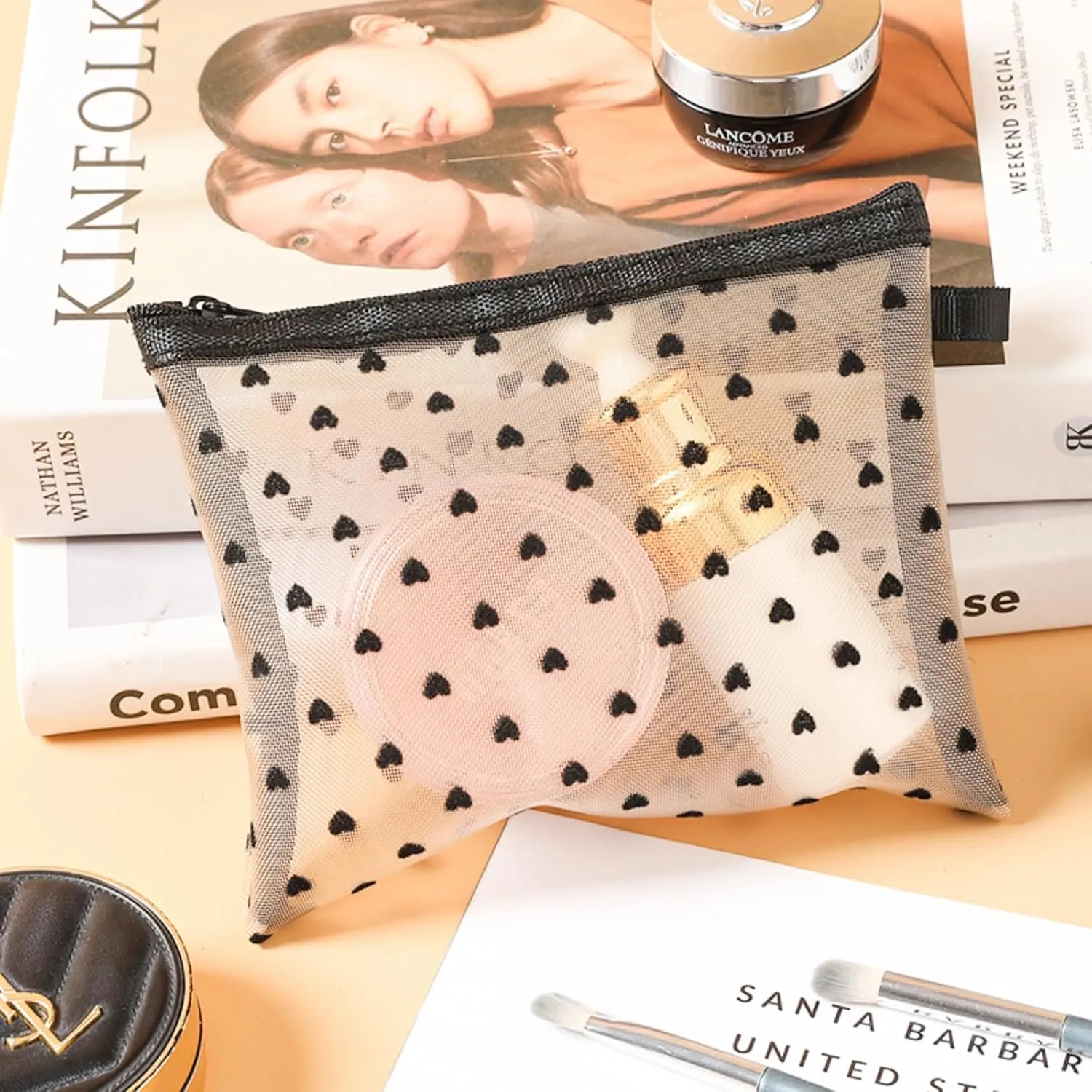 4-Piece Heart Printed Mesh Makeup Bag Set, Portable Travel Mesh Cosmetic Bags Toiletry Bags Makeup Purse Bags Mesh Zipper Storage Pouches for Home Offices Travel Accessories (Beige)