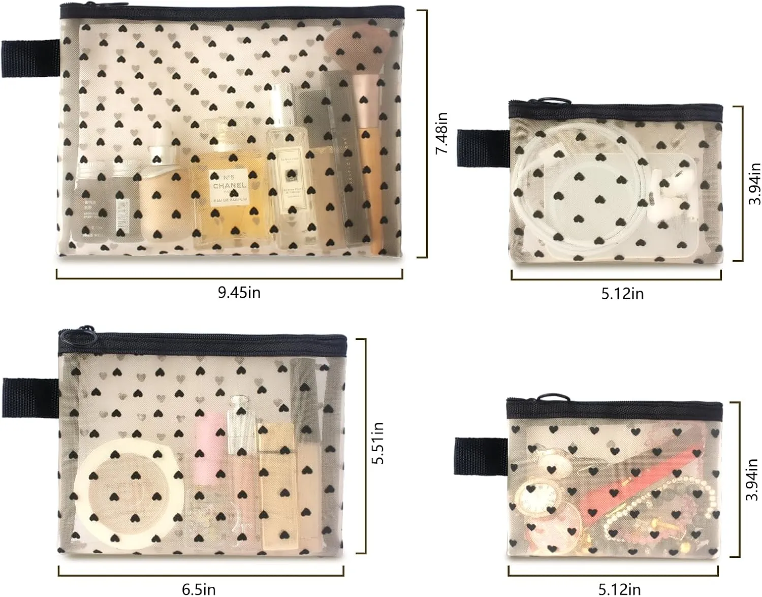 4-Piece Heart Printed Mesh Makeup Bag Set, Portable Travel Mesh Cosmetic Bags Toiletry Bags Makeup Purse Bags Mesh Zipper Storage Pouches for Home Offices Travel Accessories (Beige)