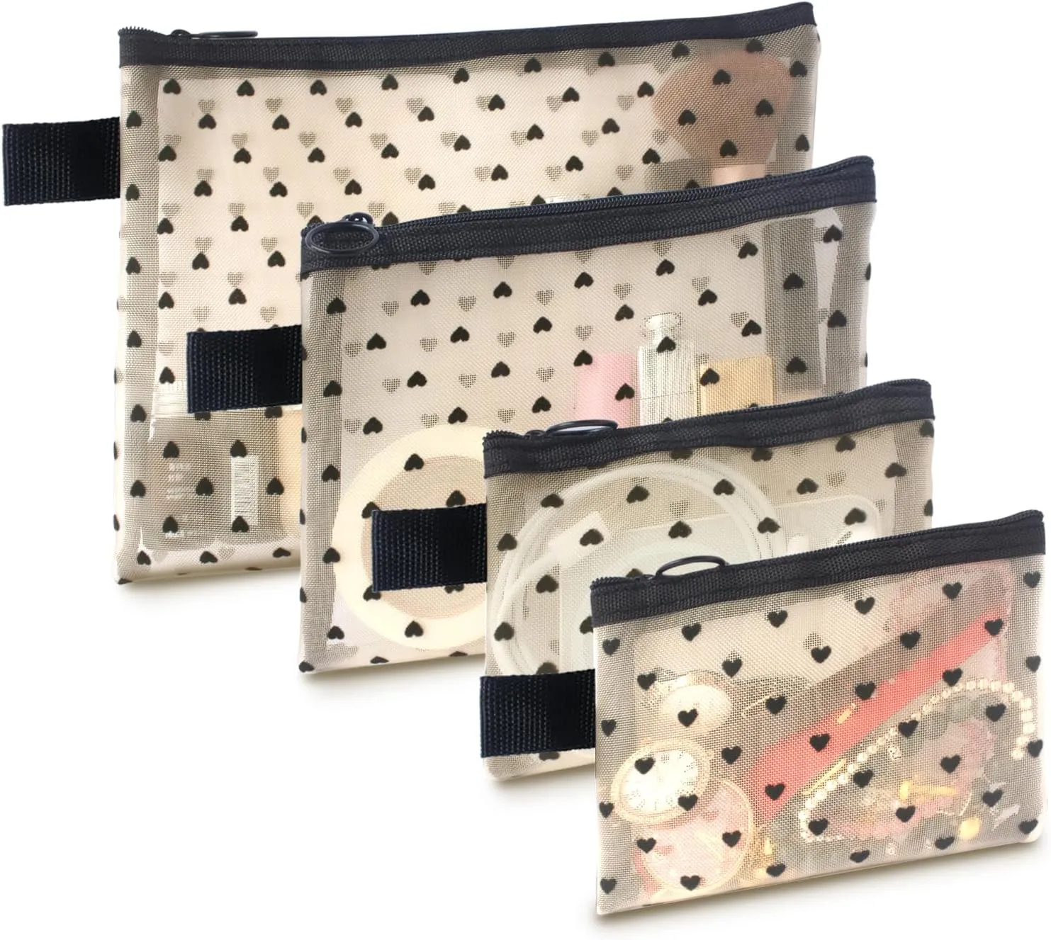 4-Piece Heart Printed Mesh Makeup Bag Set, Portable Travel Mesh Cosmetic Bags Toiletry Bags Makeup Purse Bags Mesh Zipper Storage Pouches for Home Offices Travel Accessories (Beige)