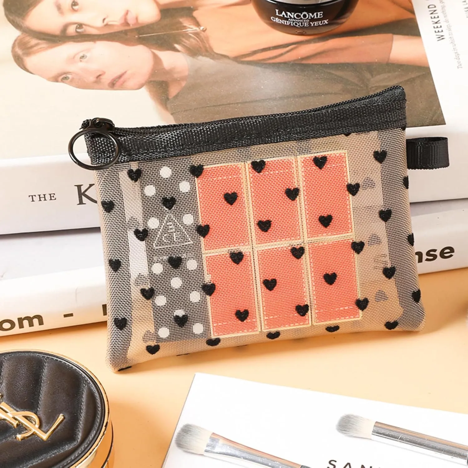 4-Piece Heart Printed Mesh Makeup Bag Set, Portable Travel Mesh Cosmetic Bags Toiletry Bags Makeup Purse Bags Mesh Zipper Storage Pouches for Home Offices Travel Accessories (Beige)