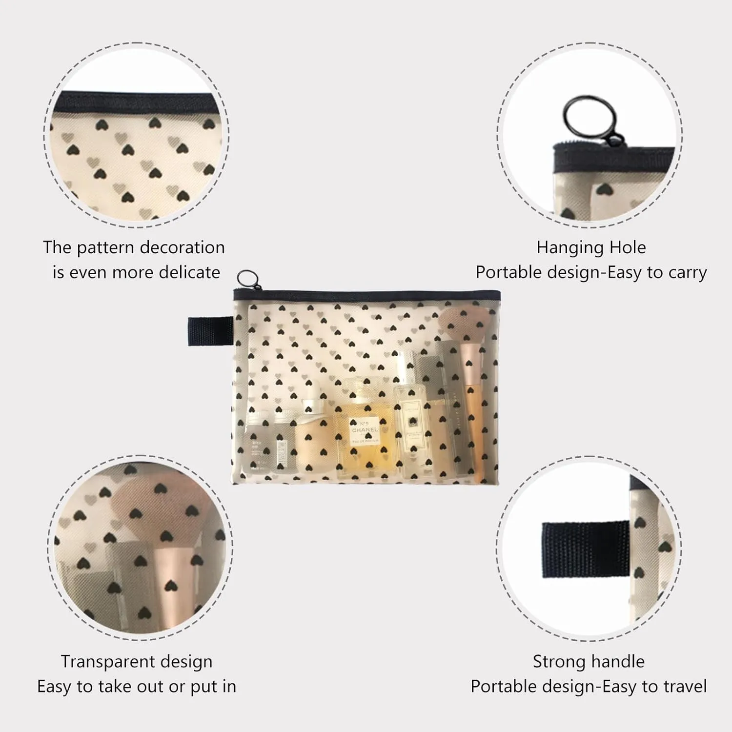 4-Piece Heart Printed Mesh Makeup Bag Set, Portable Travel Mesh Cosmetic Bags Toiletry Bags Makeup Purse Bags Mesh Zipper Storage Pouches for Home Offices Travel Accessories (Beige)