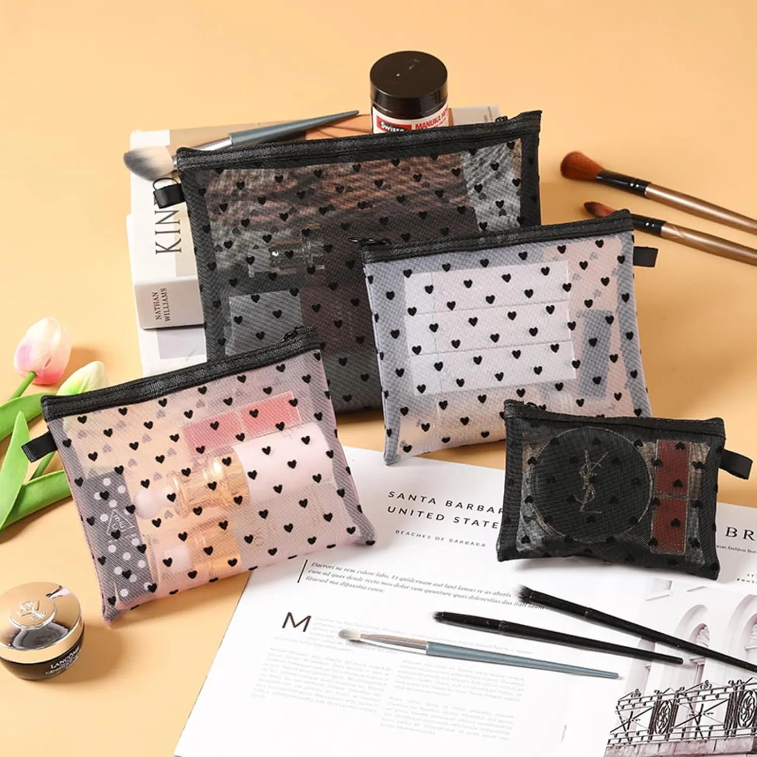 4-Piece Heart Printed Mesh Makeup Bag Set, Portable Travel Mesh Cosmetic Bags Toiletry Bags Makeup Purse Bags Mesh Zipper Storage Pouches for Home Offices Travel Accessories (Beige)