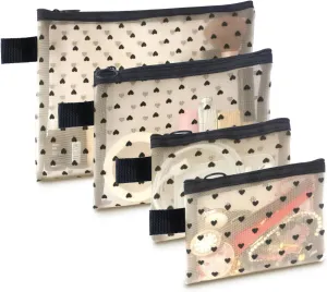 4-Piece Heart Printed Mesh Makeup Bag Set, Portable Travel Mesh Cosmetic Bags Toiletry Bags Makeup Purse Bags Mesh Zipper Storage Pouches for Home Offices Travel Accessories (Beige)