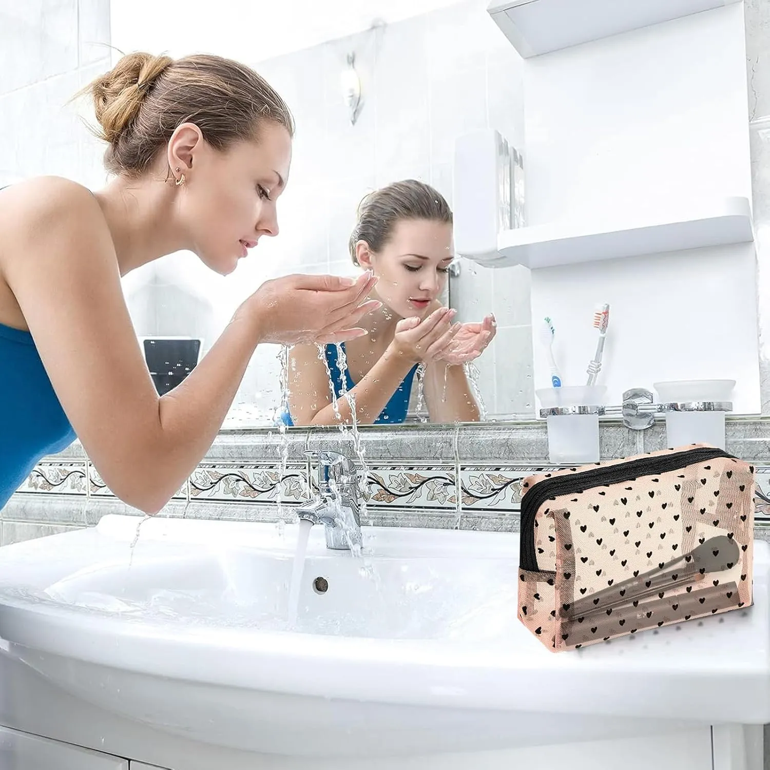 4 Pieces Mesh Cosmetic Bags, Portable Travel Mesh Makeup Bag, Heart Print Zipper Pouch Toiletry Bag for Women Girls (Beige)