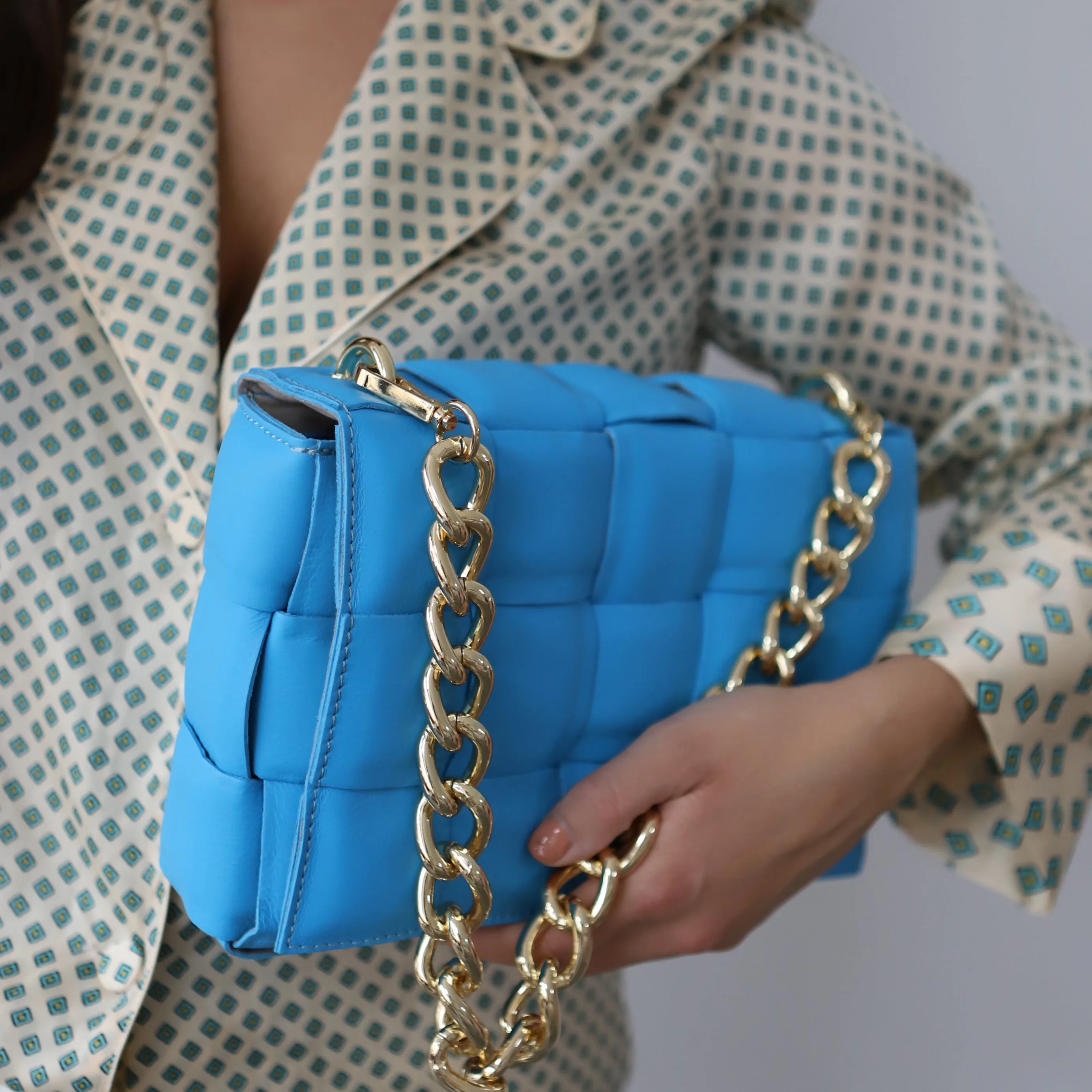 'Amalfi' Swimming Pool Blue Smooth Leather Chain Strap Woven Cross Body Bag