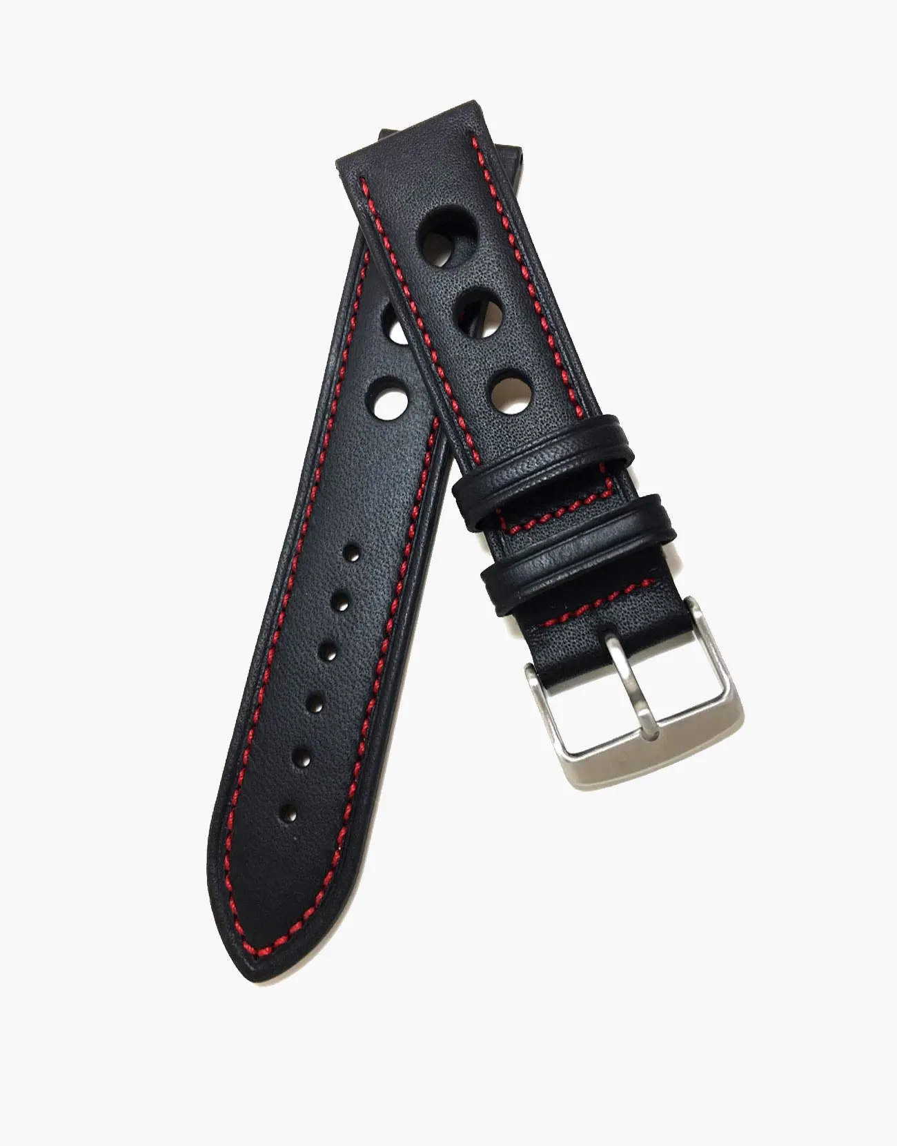 Calf Leather Watchbands Black with Red Stitching-LUX Grand Prix Rally