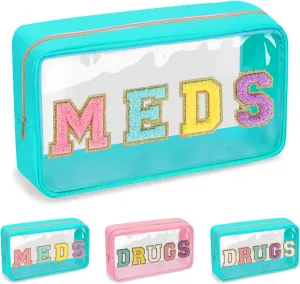 Clear Letter Patch Medicine Bag Drugs Pouch with Zipper, Travel Portable Cosmetic Makeup Bag for Women Girls, Waterproof Nylon PVC Toiletry Meds Storage Case Chenille Letter Stadium Bag(Green, MEDS)
