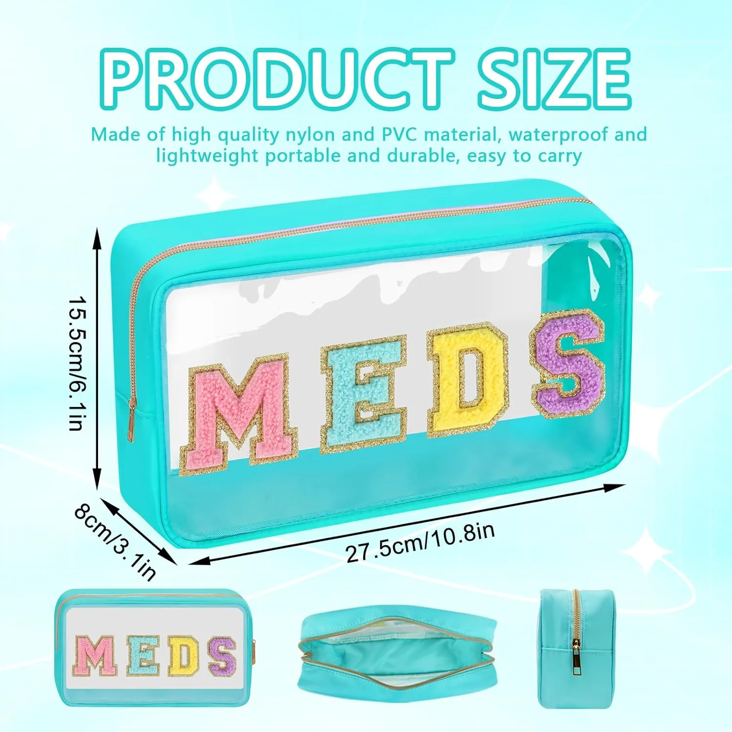 Clear Letter Patch Medicine Bag Drugs Pouch with Zipper, Travel Portable Cosmetic Makeup Bag for Women Girls, Waterproof Nylon PVC Toiletry Meds Storage Case Chenille Letter Stadium Bag(Green, MEDS)