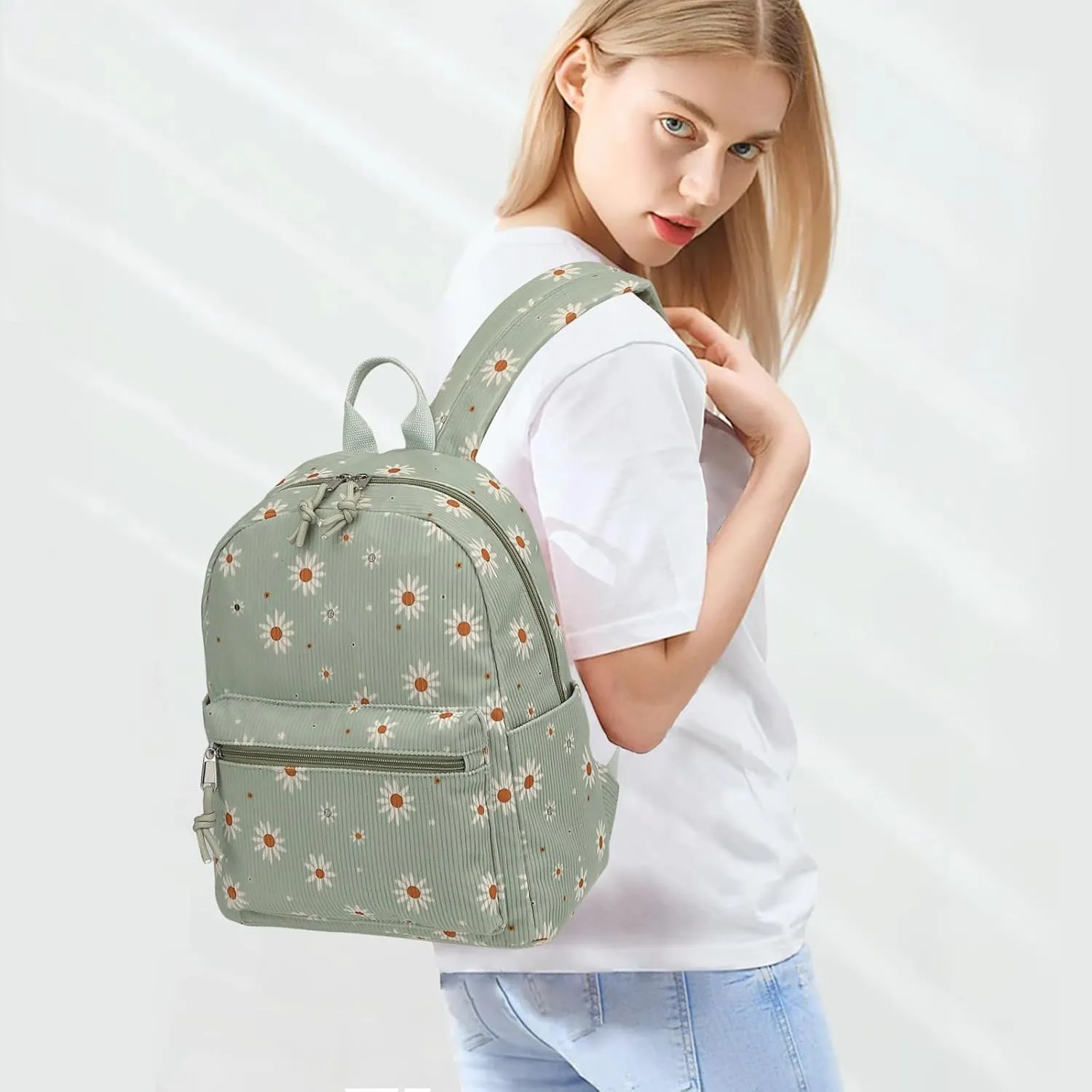 Corduroy Womens Mini Backpack Girls Small Backpack Purse Fashion Casual Daypack School Bookbag (Daisy Green)