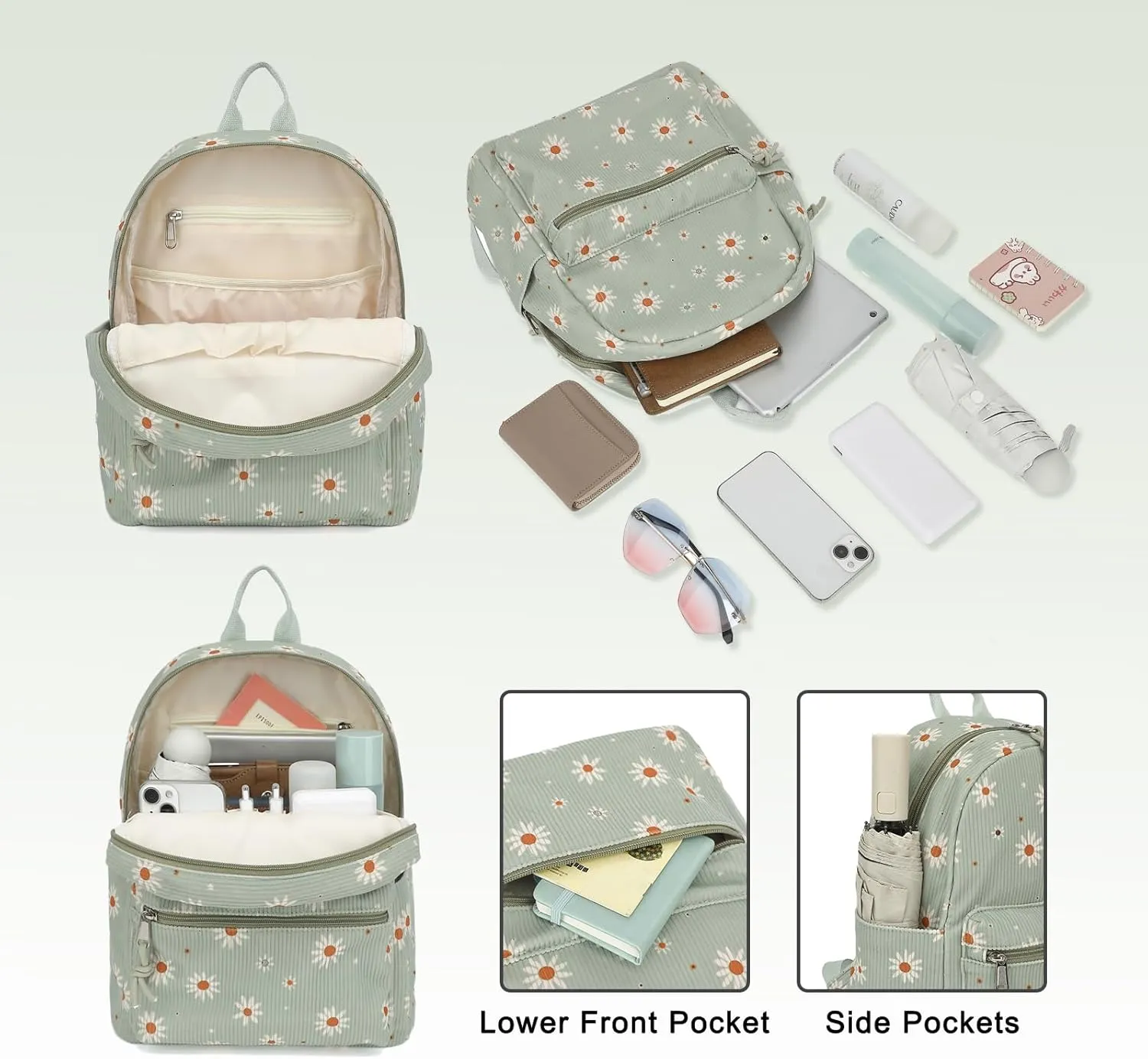Corduroy Womens Mini Backpack Girls Small Backpack Purse Fashion Casual Daypack School Bookbag (Daisy Green)