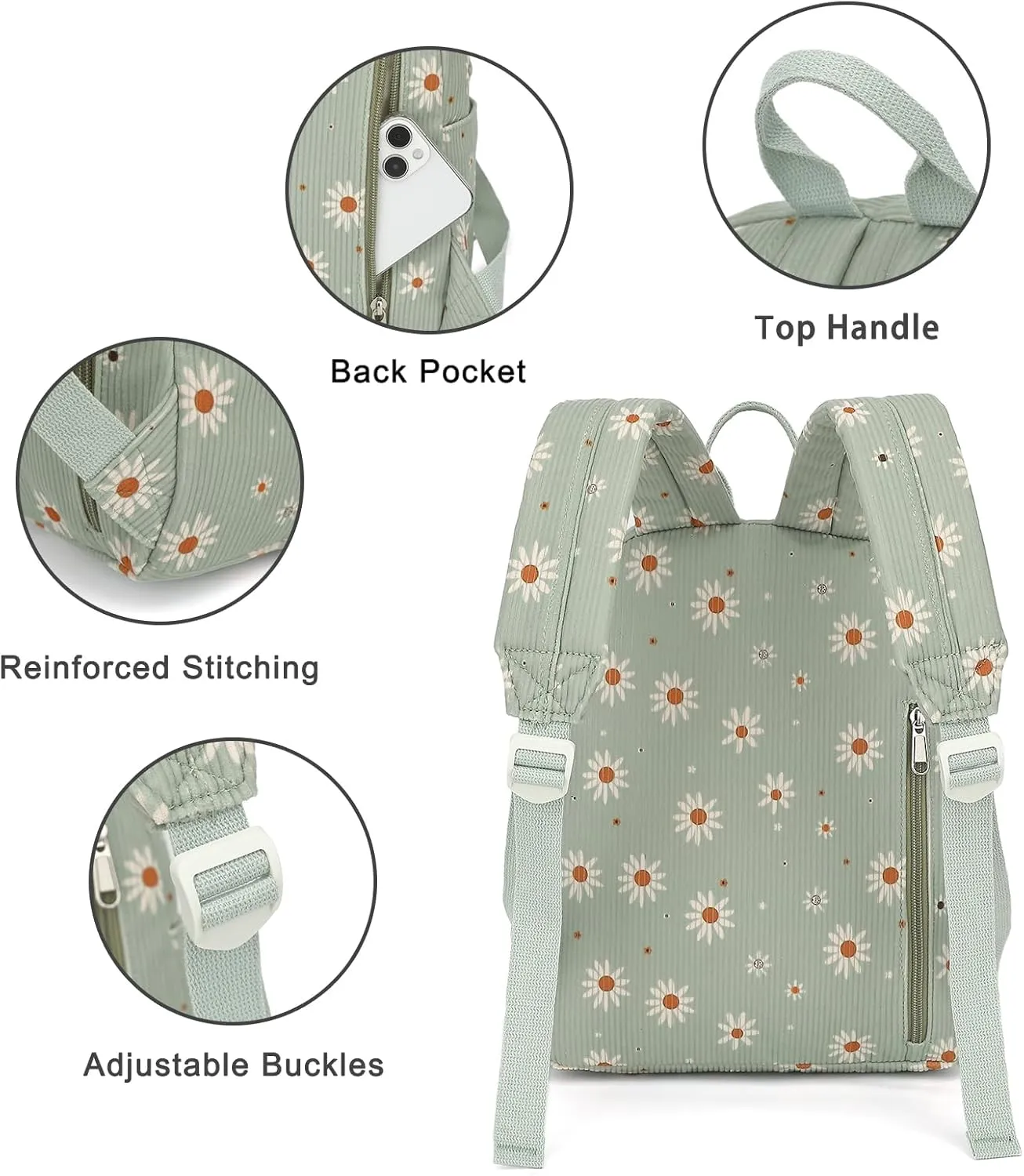 Corduroy Womens Mini Backpack Girls Small Backpack Purse Fashion Casual Daypack School Bookbag (Daisy Green)