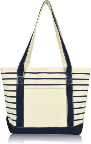 DALIX Small Stripe Tote Deluxe Shoulder Bag Cotton Canvas in Navy Blue