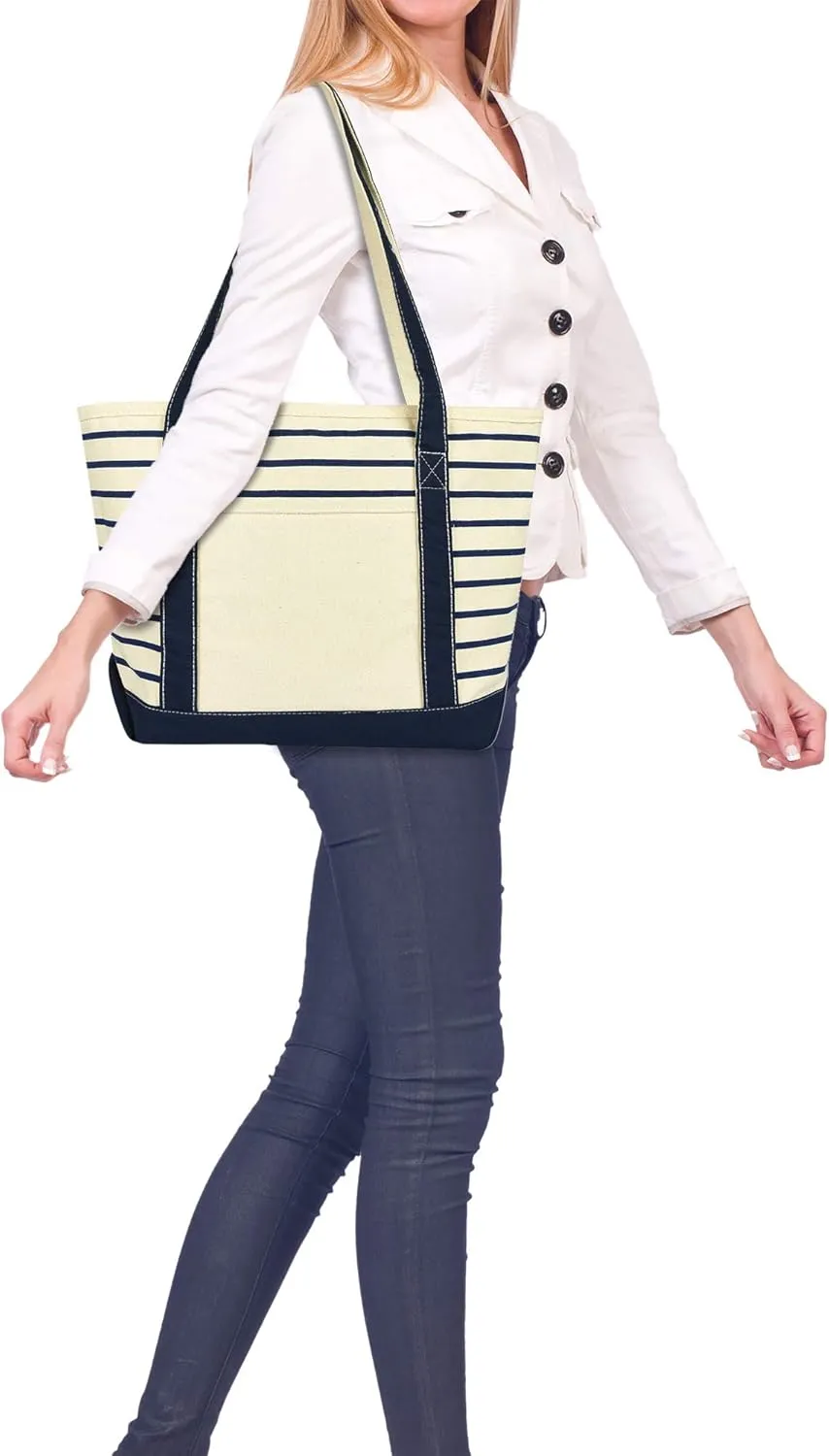 DALIX Small Stripe Tote Deluxe Shoulder Bag Cotton Canvas in Navy Blue