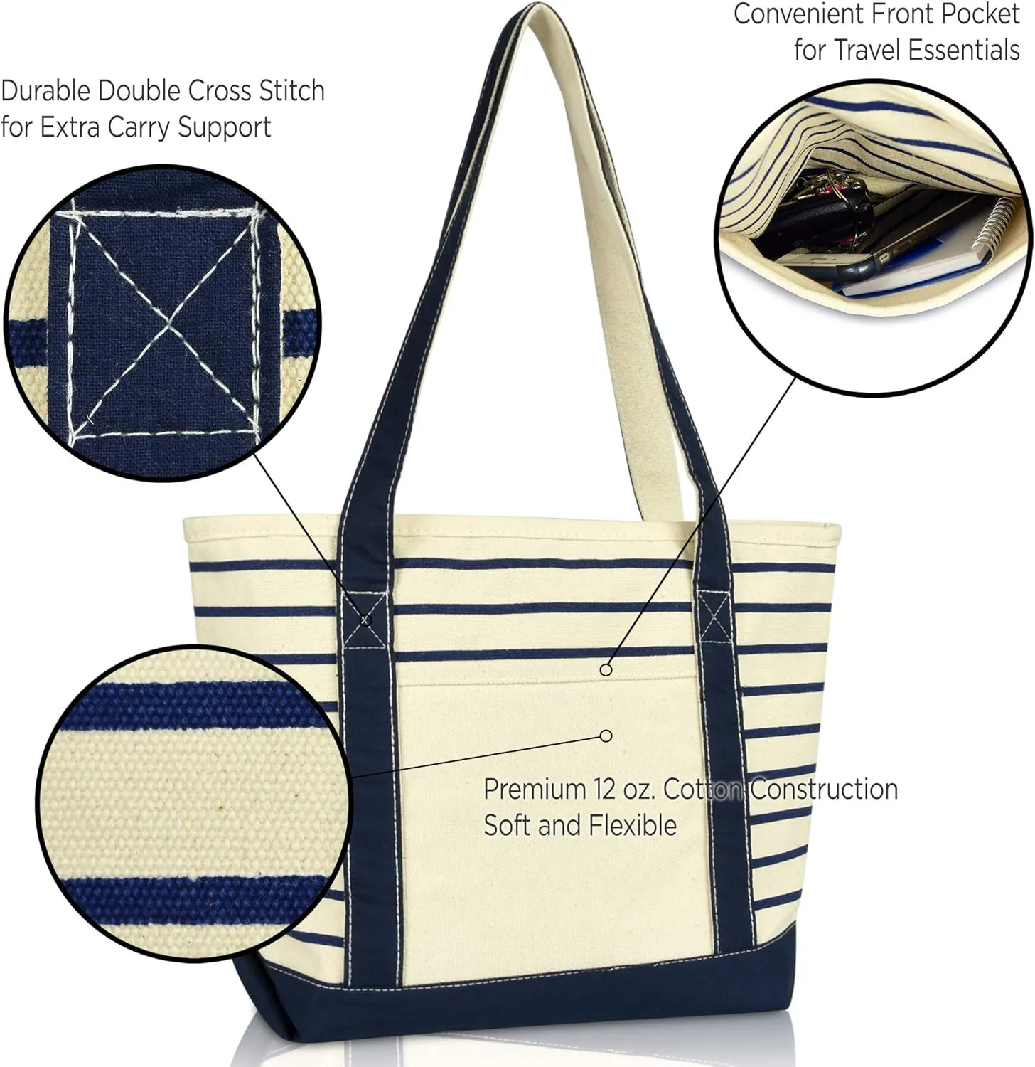 DALIX Small Stripe Tote Deluxe Shoulder Bag Cotton Canvas in Navy Blue