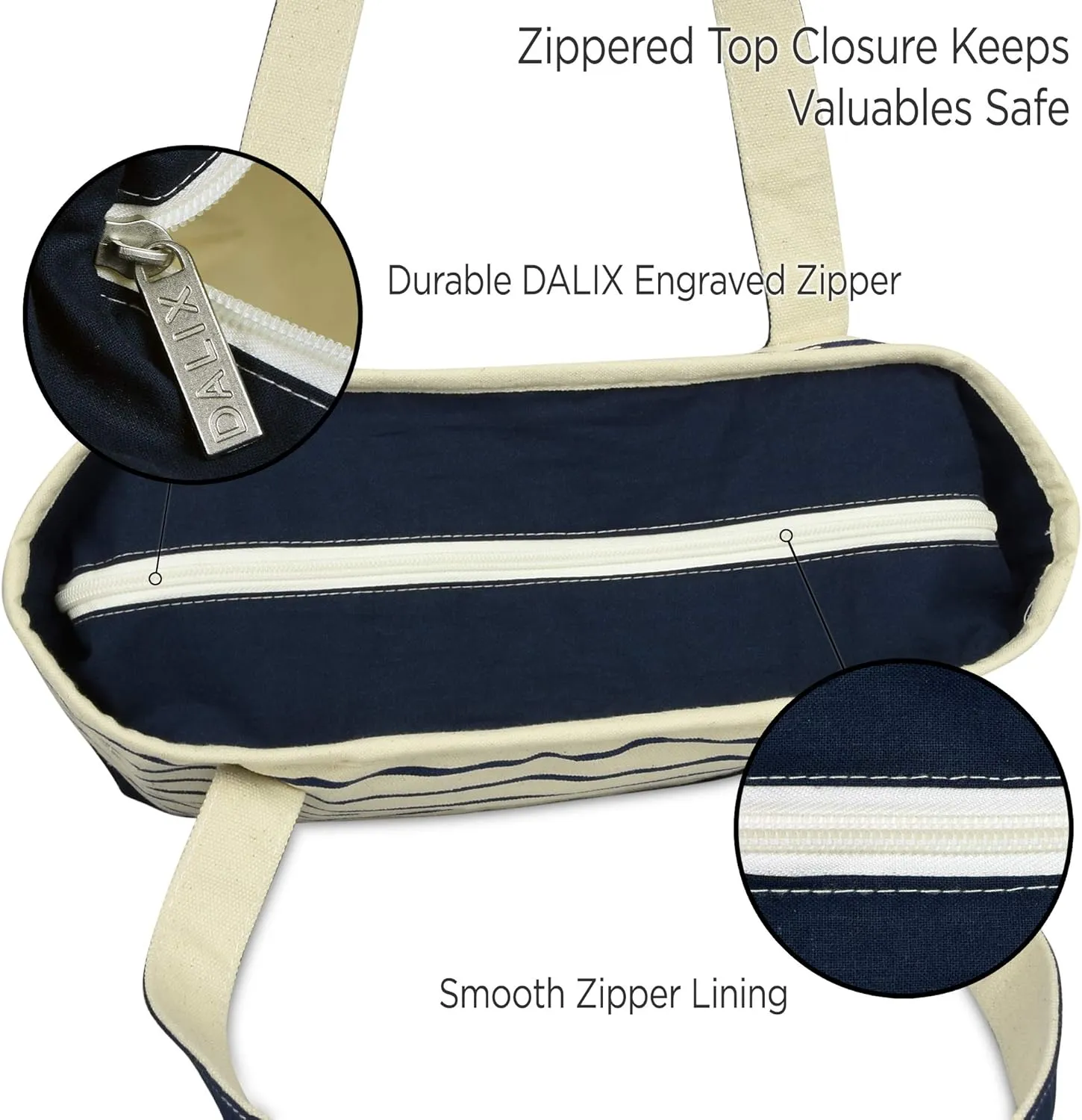 DALIX Small Stripe Tote Deluxe Shoulder Bag Cotton Canvas in Navy Blue