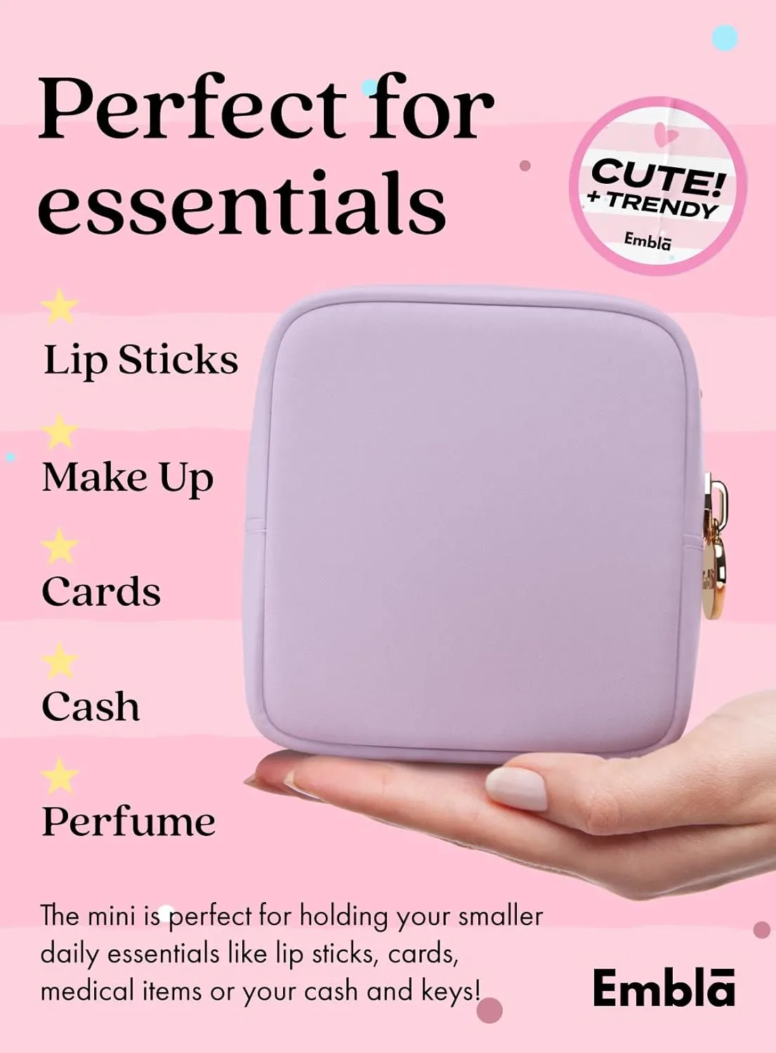 Embla Makeup Bag Travel Cosmetics Pouch and Toiletry Bag, Nylon Zipper Pouch Purse, Cute Make Up Organizer Storage Tote for Women Girls, Waterproof Travel Skincare Case, Small Makeup Bags, Lilac