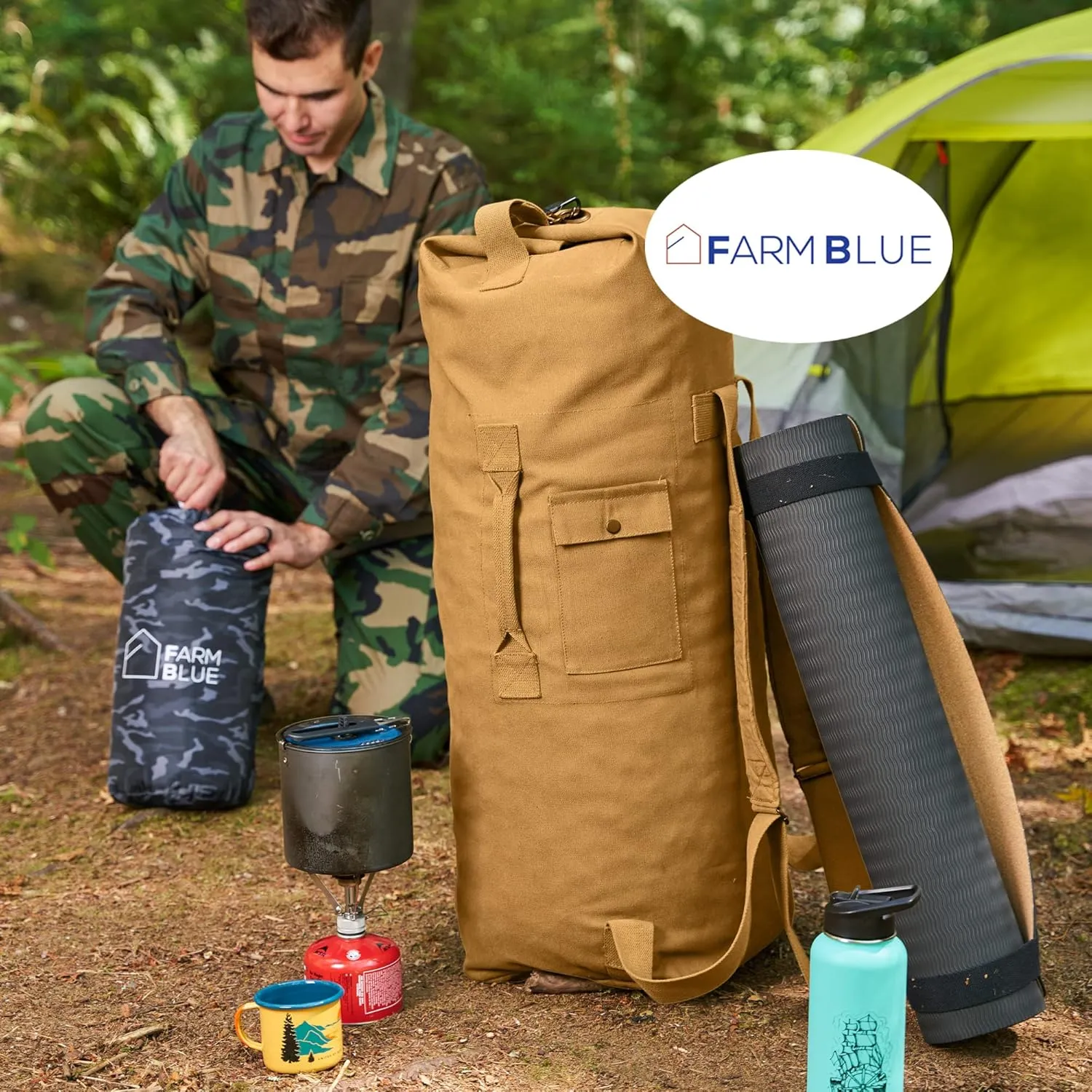 Farm Blue 2 Strap Top Load Extra Large XL Military Duffel Bags - Heavy Duty Army Grade Cotton Canvas Duffle Bags For Men, Women & Students - XL Top Loading Tactical Gear Sack 22" x 38" Coyote Tan