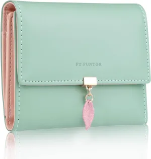 FT FUNTOR RFID Wallets for Women, Leaf Card Holder Trifold Ladies Wallets Coins Zipper Pocket with ID Window Green