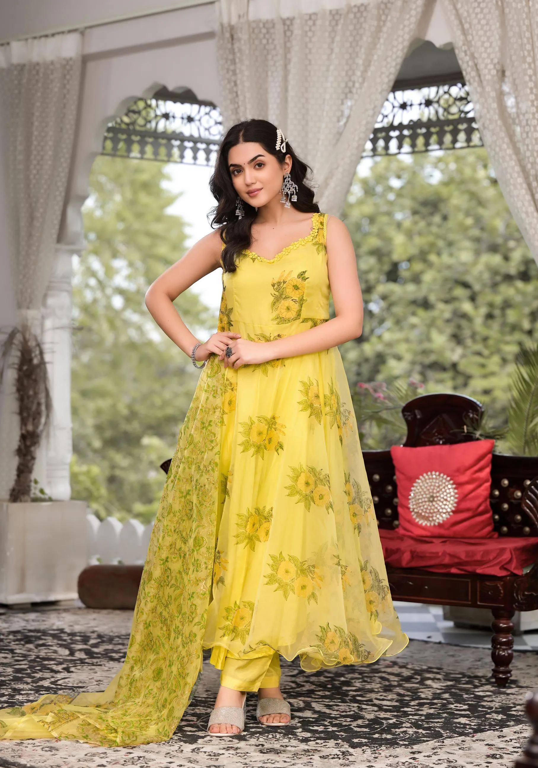 Jashvi Light Yellow Hand Painted Floral Organza Anarkali Kurta Pant Set with Dupatta