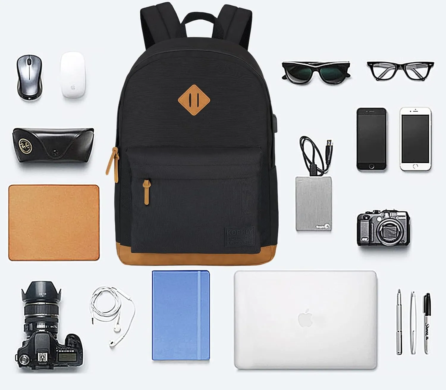 Laptop Backpack with Leather Decoration, USB Charging Port, Classic Backpack for College, Work, Travel(18 Inches/Grey