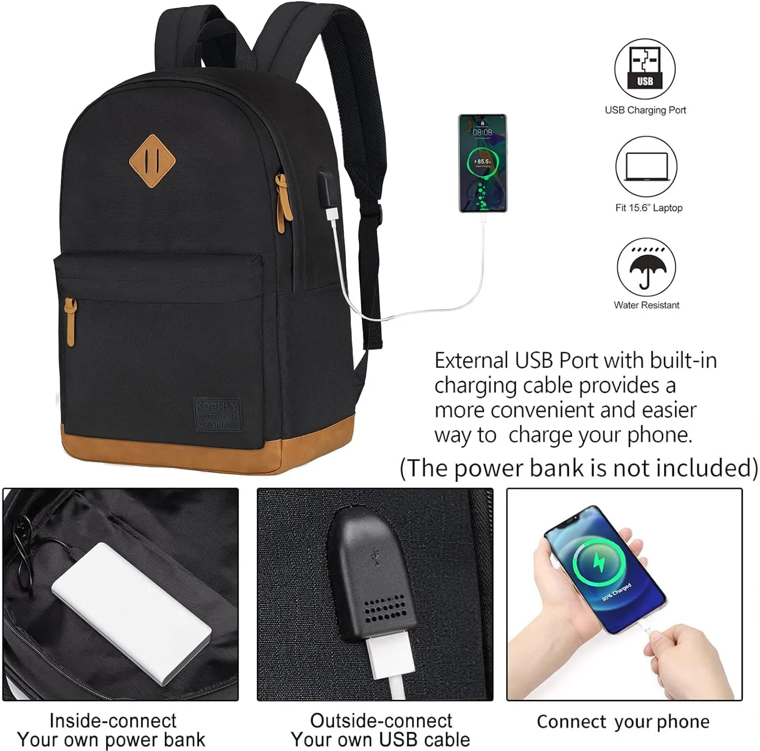 Laptop Backpack with Leather Decoration, USB Charging Port, Classic Backpack for College, Work, Travel(18 Inches/Grey