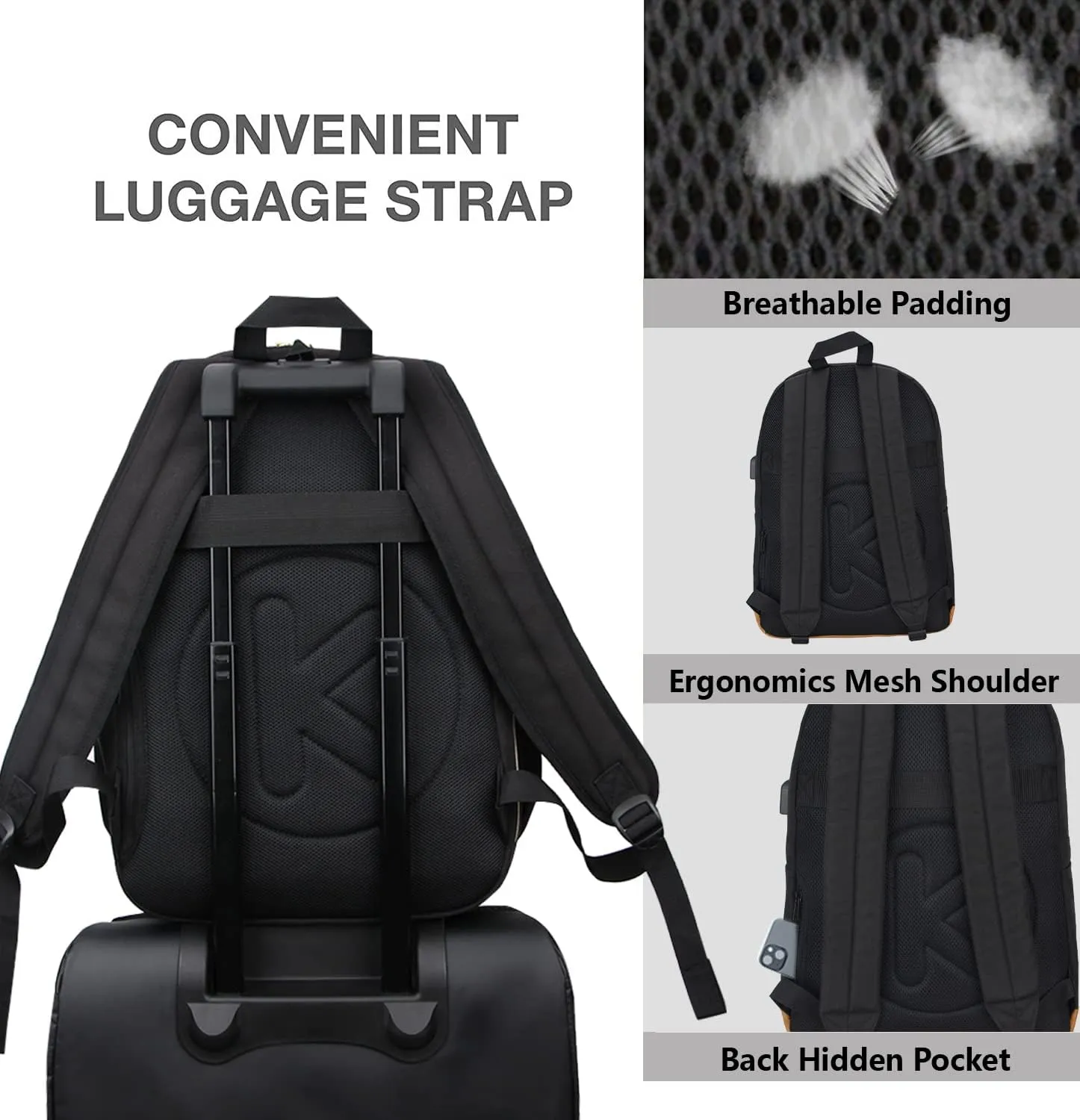 Laptop Backpack with Leather Decoration, USB Charging Port, Classic Backpack for College, Work, Travel(18 Inches/Grey