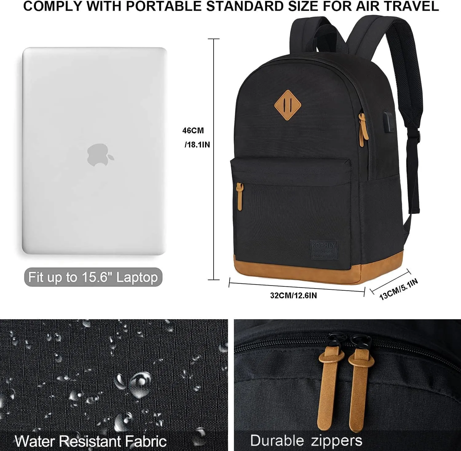 Laptop Backpack with Leather Decoration, USB Charging Port, Classic Backpack for College, Work, Travel(18 Inches/Grey