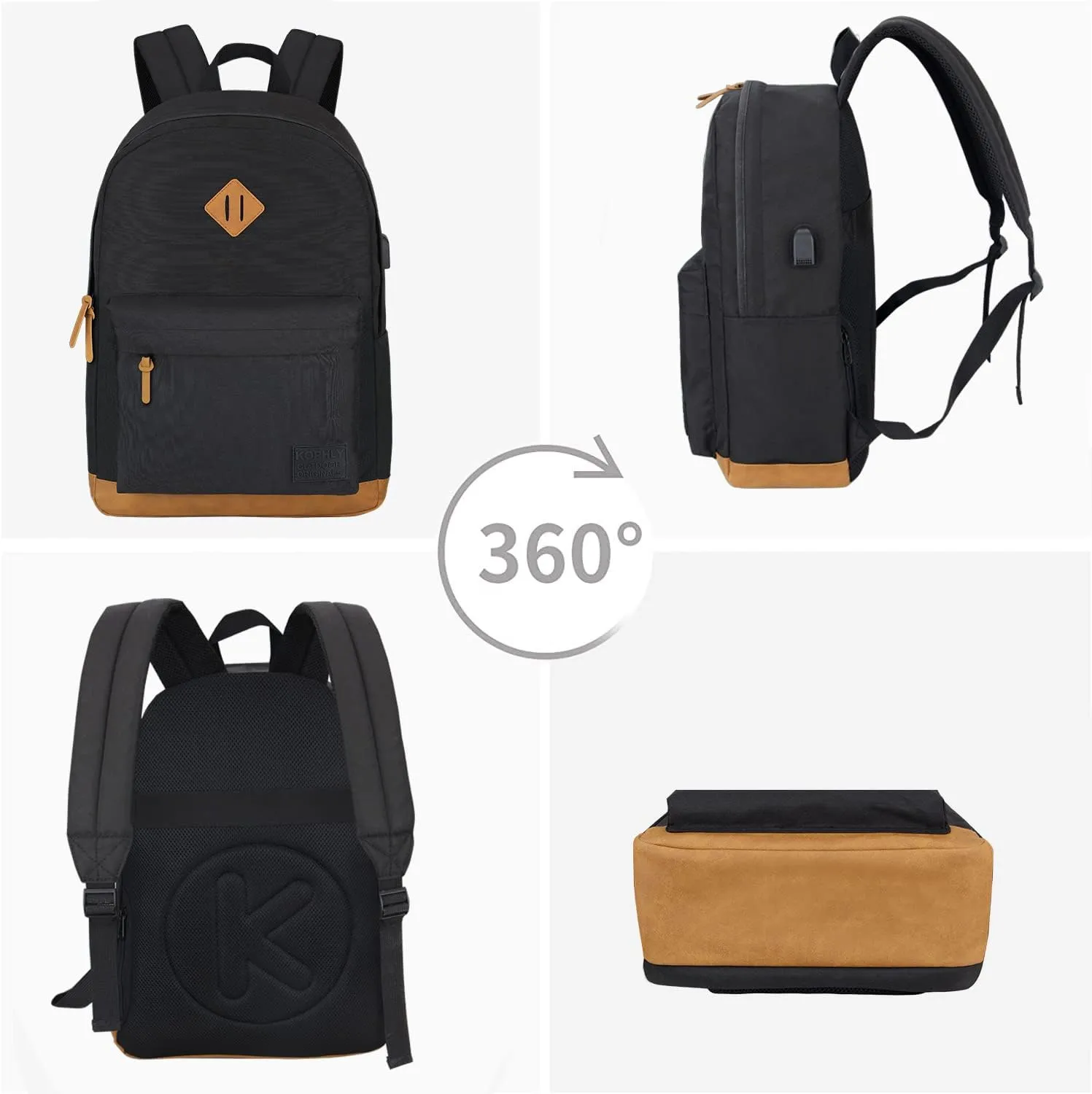Laptop Backpack with Leather Decoration, USB Charging Port, Classic Backpack for College, Work, Travel(18 Inches/Grey