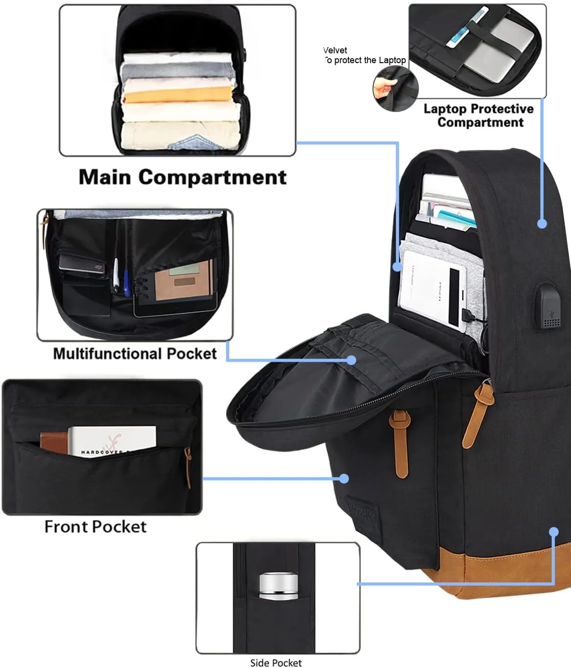 Laptop Backpack with Leather Decoration, USB Charging Port, Classic Backpack for College, Work, Travel(18 Inches/Grey