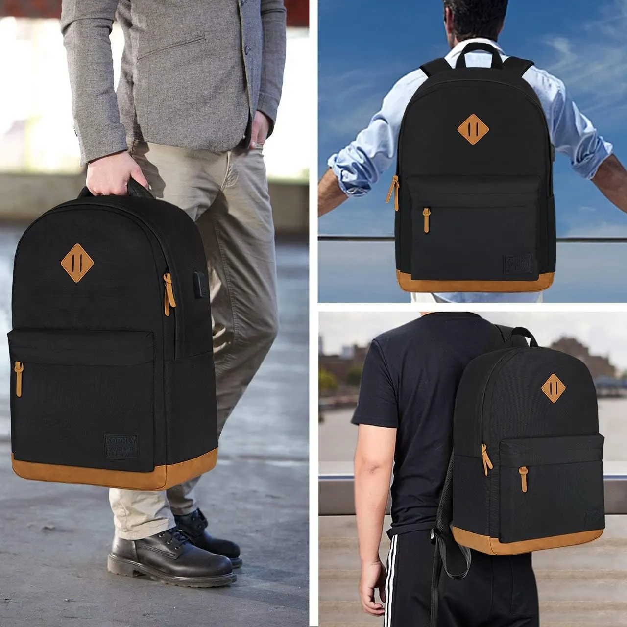 Laptop Backpack with Leather Decoration, USB Charging Port, Classic Backpack for College, Work, Travel(18 Inches/Grey