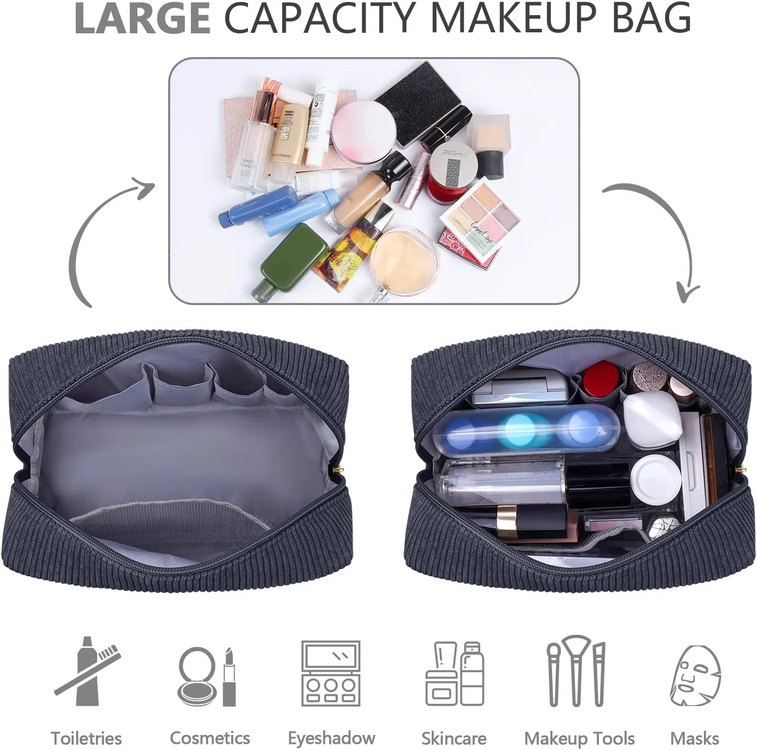 MAGEFY Small Makeup Bag for Purse Portable Makeup Pouch with Compartments Corduroy Make up Bag for Women Travel Cosmetic Essential (Dark Gray, FACE)