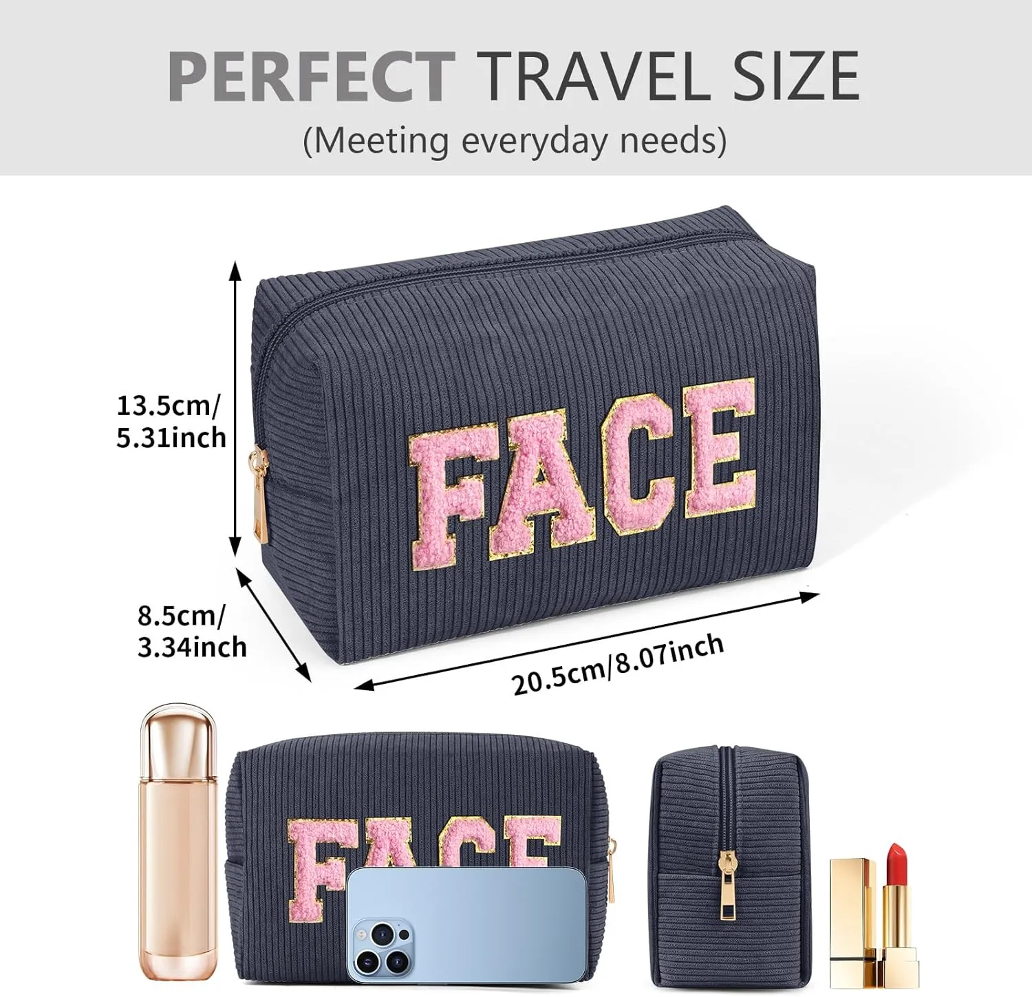 MAGEFY Small Makeup Bag for Purse Portable Makeup Pouch with Compartments Corduroy Make up Bag for Women Travel Cosmetic Essential (Dark Gray, FACE)