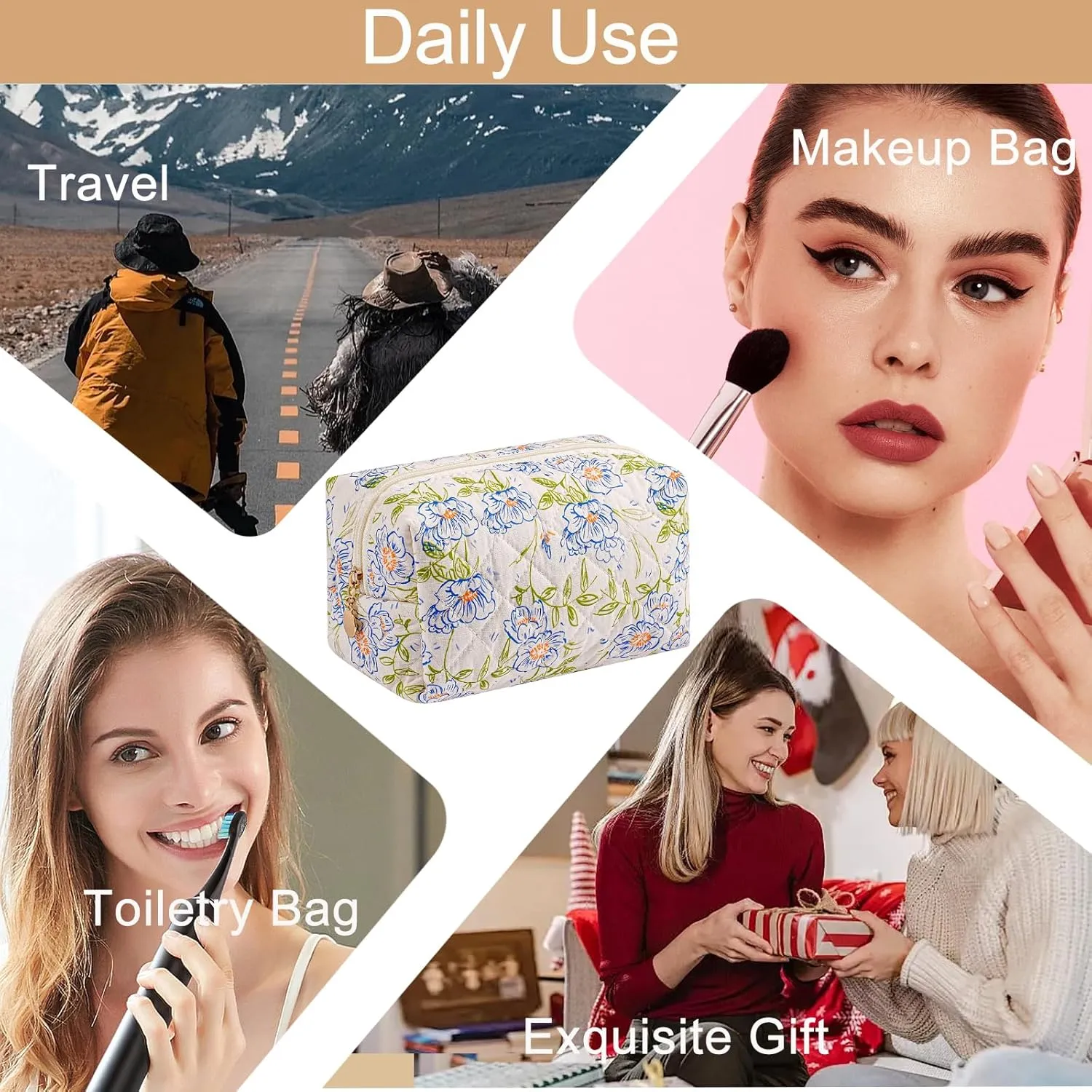 Makeup Bag Travel Cosmetic Bag for Women Girls, Zipper Make Up Pouch, Floral Flowers Toiletry Organizer Makeup, Portable Storage Cosmetic Travel Cloth Bag (Large Blue Flowers)
