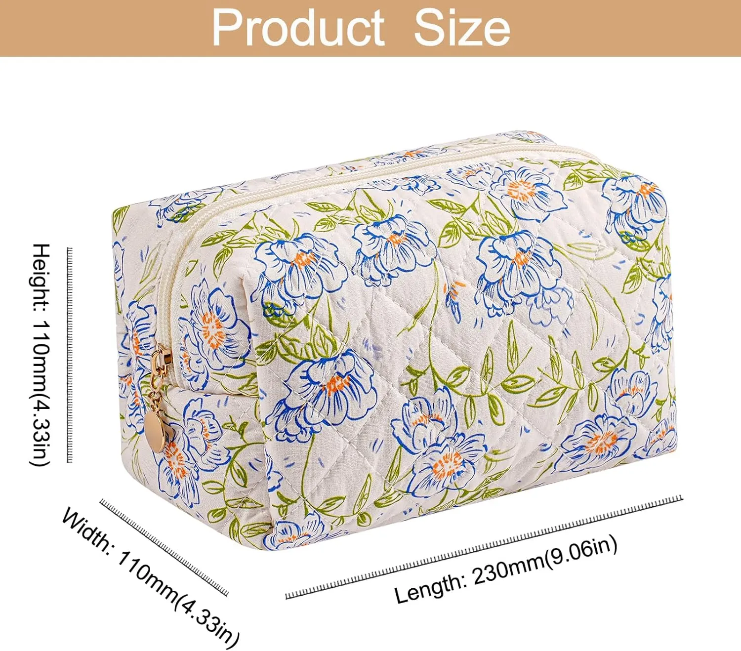 Makeup Bag Travel Cosmetic Bag for Women Girls, Zipper Make Up Pouch, Floral Flowers Toiletry Organizer Makeup, Portable Storage Cosmetic Travel Cloth Bag (Large Blue Flowers)