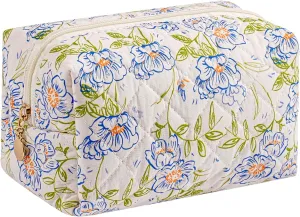 Makeup Bag Travel Cosmetic Bag for Women Girls, Zipper Make Up Pouch, Floral Flowers Toiletry Organizer Makeup, Portable Storage Cosmetic Travel Cloth Bag (Large Blue Flowers)