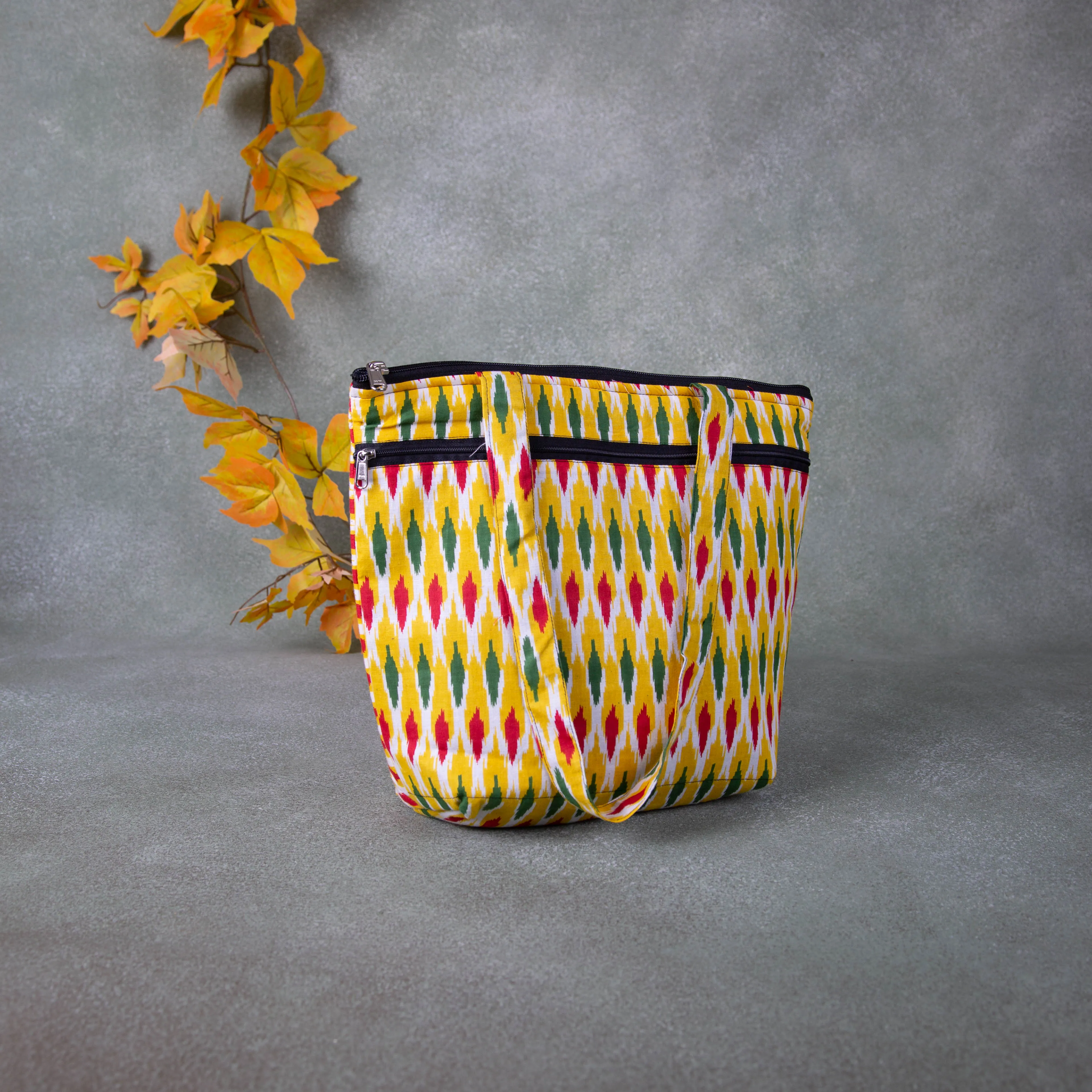 Medium Size Handbag Yellow colour With Red and Green Prints