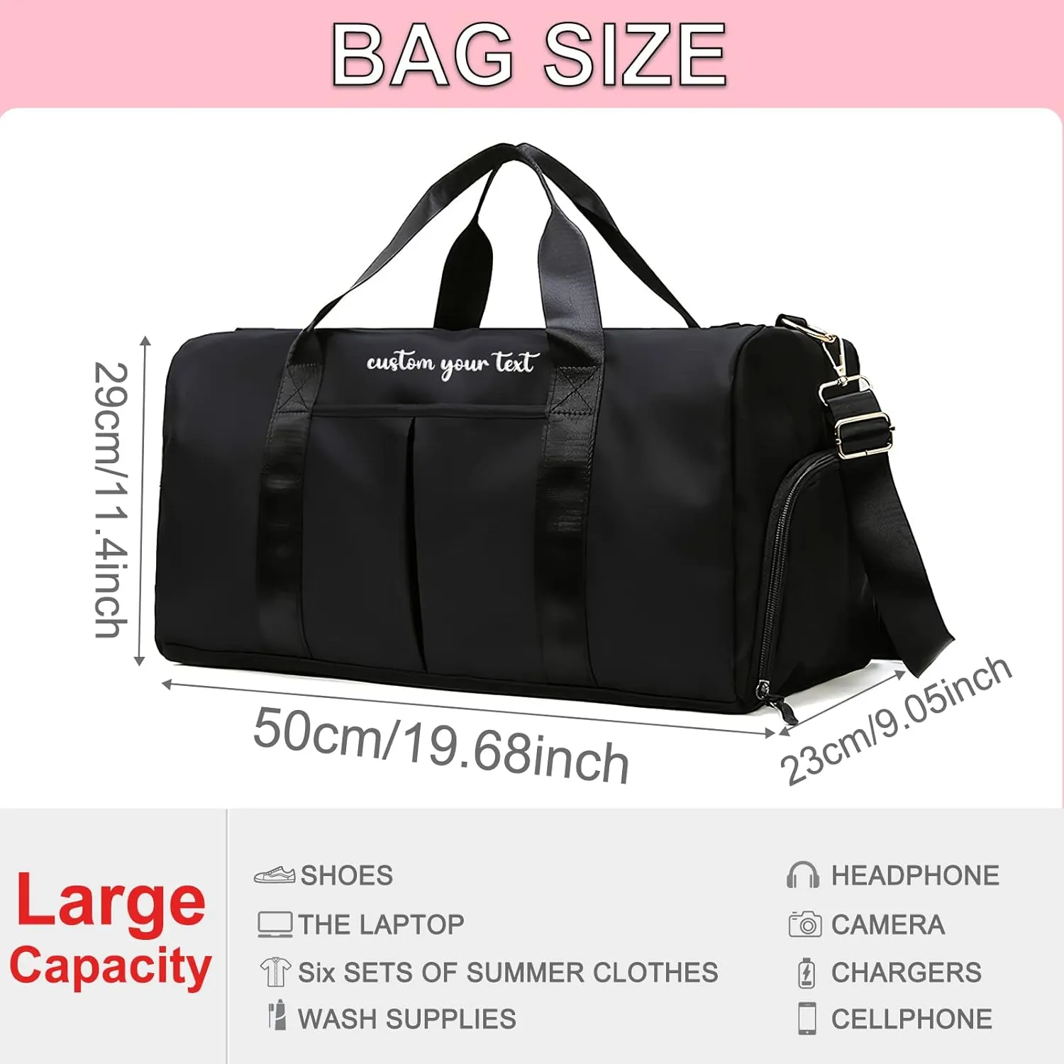 Personalized Initial Duffle Bag Custom Weekender Overnight Bags with Embroidery Name Sports Gym Travel Bags with Wet Dry Pockets Bridal Gift for Women BridesmaidBlack