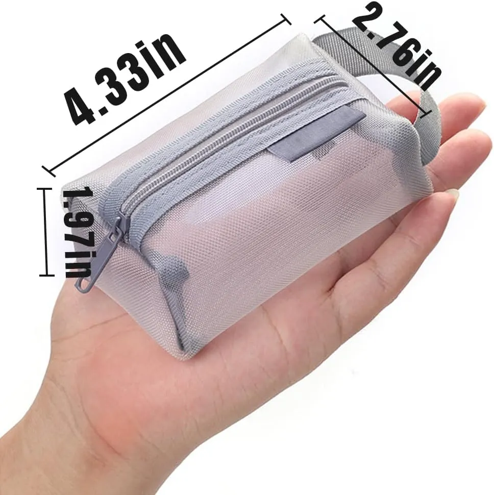Portable Square Mesh Storage Bag, Mesh Makeup Bag with Zipper Cosmetic Bag, Small Square Coin Purse Portable Toiletry Bag (Grey Black White)