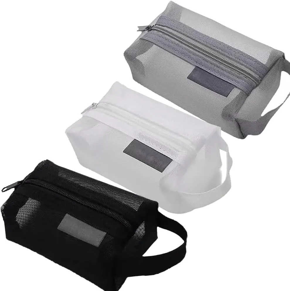 Portable Square Mesh Storage Bag, Mesh Makeup Bag with Zipper Cosmetic Bag, Small Square Coin Purse Portable Toiletry Bag (Grey Black White)