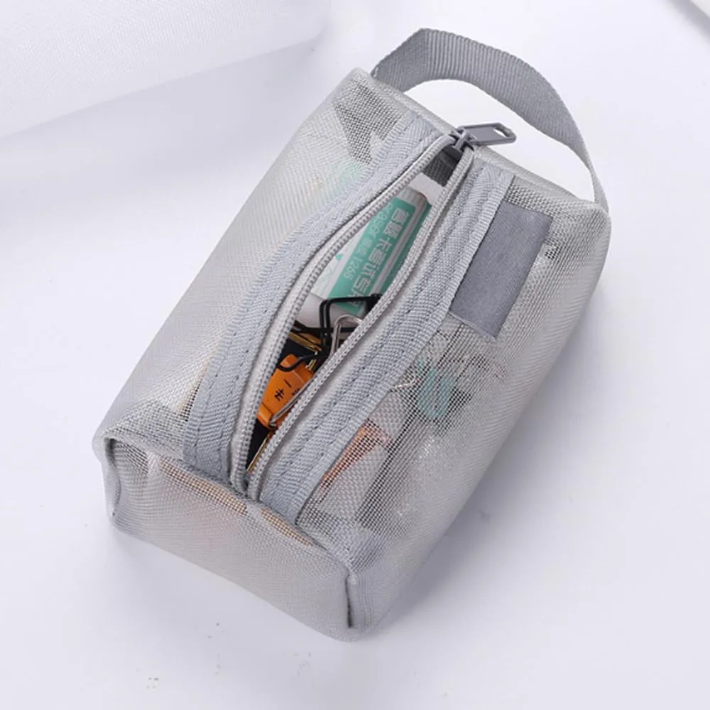 Portable Square Mesh Storage Bag, Mesh Makeup Bag with Zipper Cosmetic Bag, Small Square Coin Purse Portable Toiletry Bag (Grey Black White)
