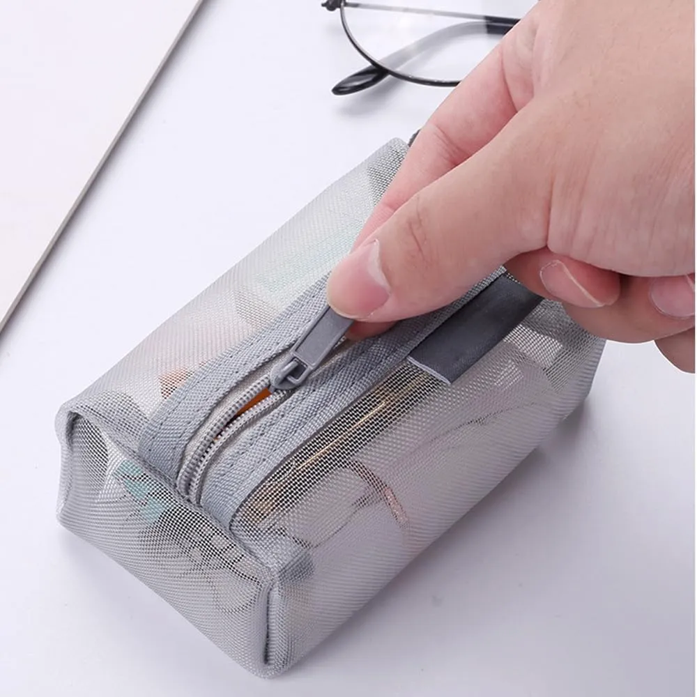 Portable Square Mesh Storage Bag, Mesh Makeup Bag with Zipper Cosmetic Bag, Small Square Coin Purse Portable Toiletry Bag (Grey Black White)