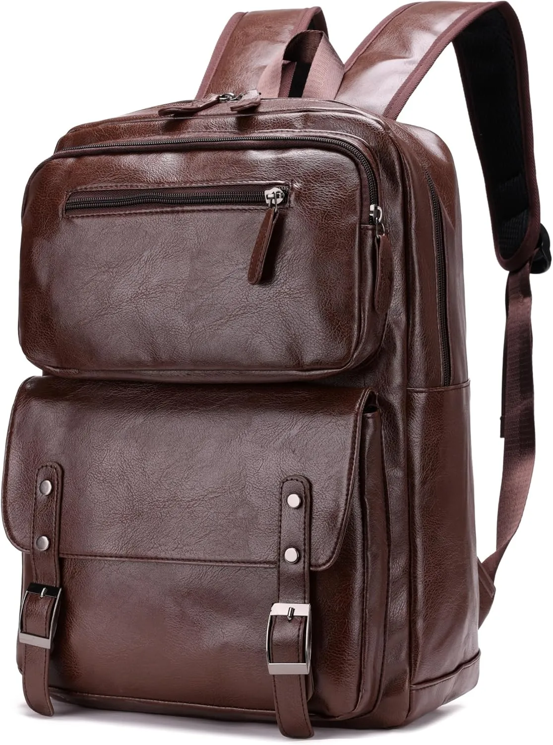PU Casual BackpackMen's casual Leather laptop backpackDaily commuter leather backpackCollege backpack (Brown)