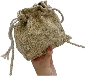 Small Shoulder Bags Women Straw Drawstring Bucket Bag Flower Embroidery Beach Crossbody Handbags