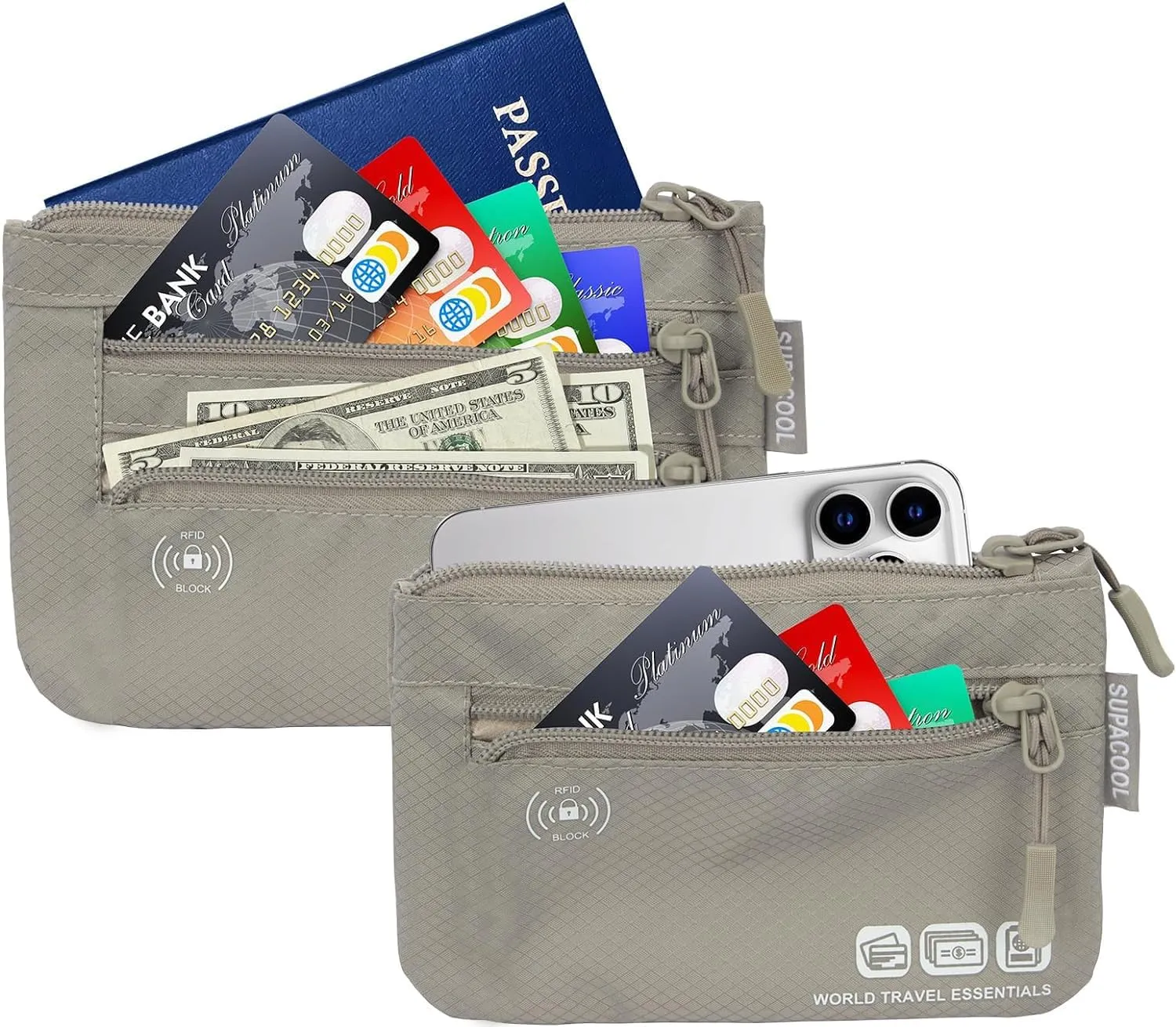 SUPACOOL Passport Holder Bag, Travel Wallet for Men Women Family, Passport Pouch, Card Holder Organizer, RFID Blocking, Two-piece Set(Gray)
