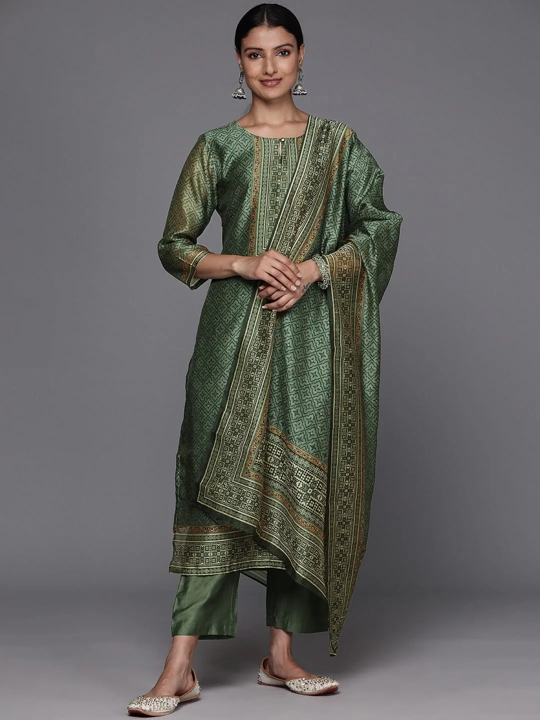 varanga-women-olive-chanderi-printed-kurta-paired-with-tonal-bottom-and-printed-dupatta