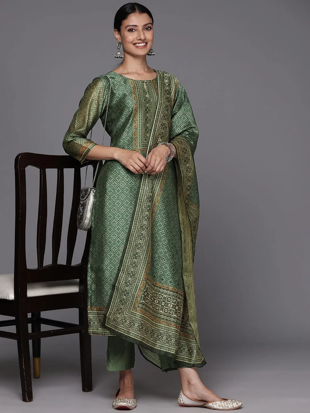 varanga-women-olive-chanderi-printed-kurta-paired-with-tonal-bottom-and-printed-dupatta
