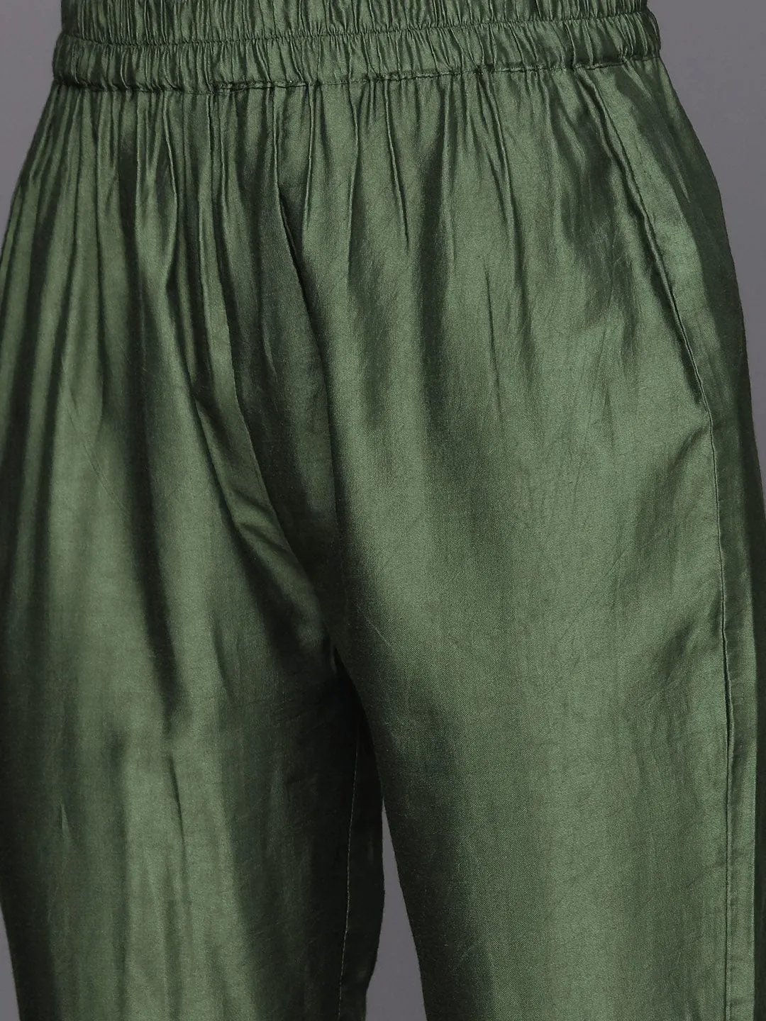 varanga-women-olive-chanderi-printed-kurta-paired-with-tonal-bottom-and-printed-dupatta